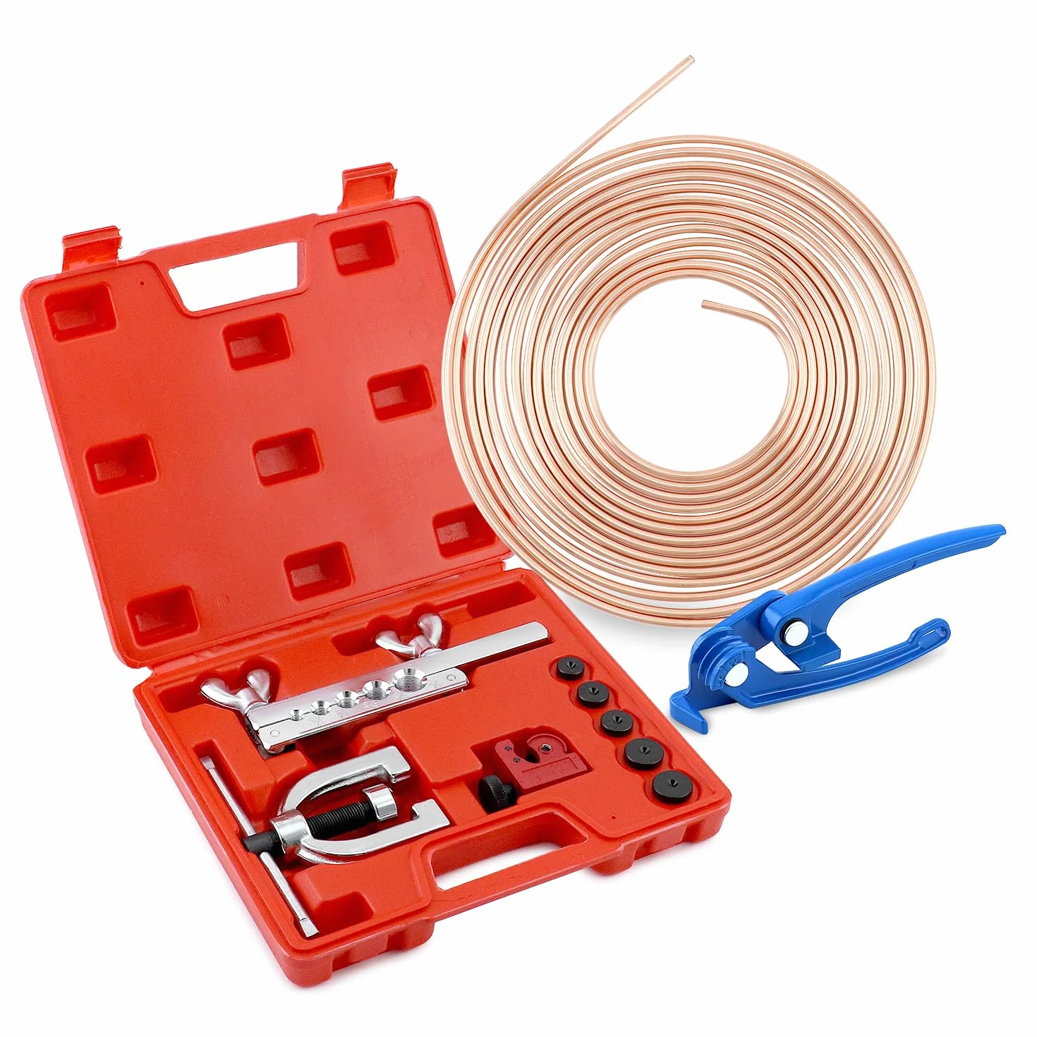 QWORK Kit Svasatura Tubi Freno Rame 7.62m Adattatore Multi-Dimensione Piegatubi Blu