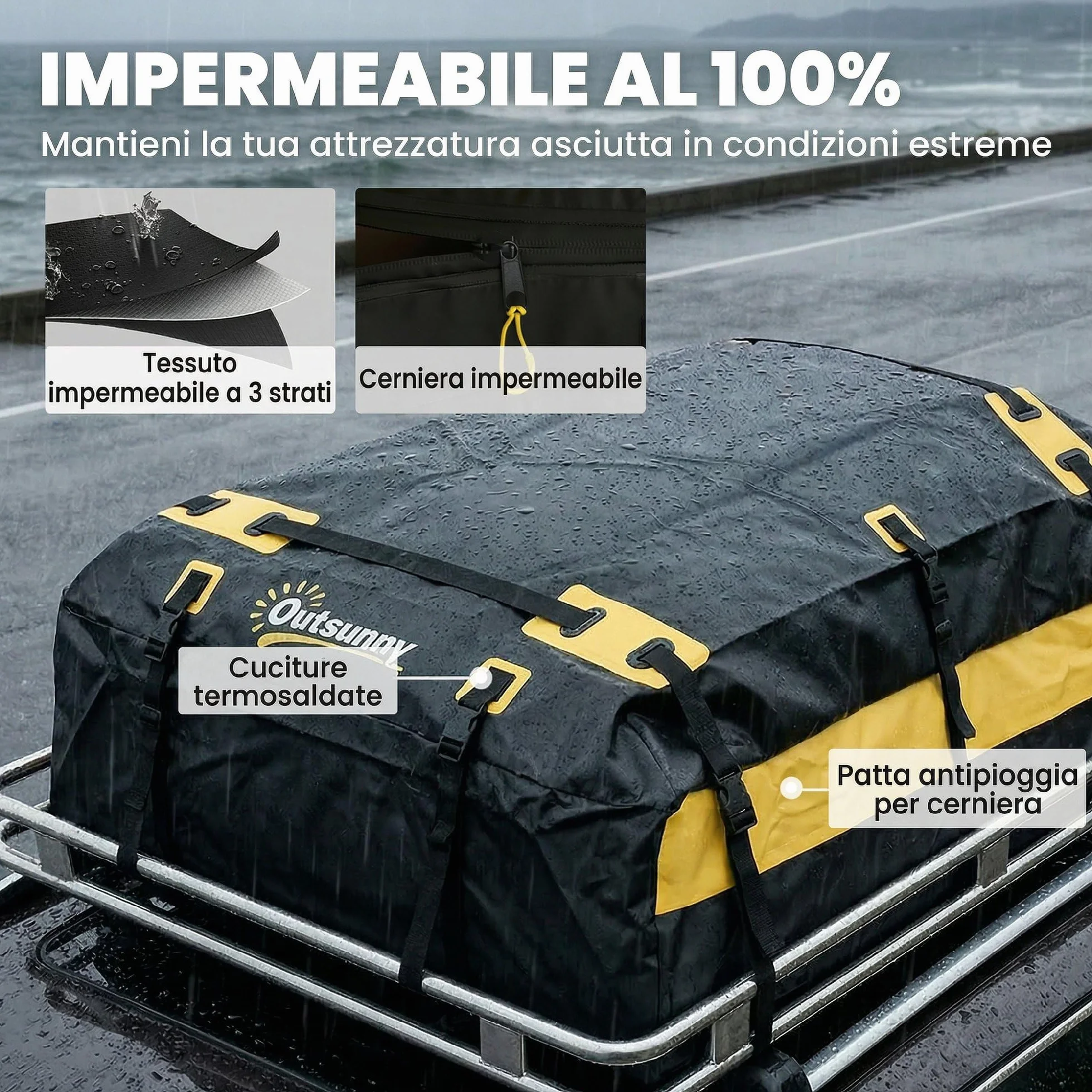 Outsunny Portabagagli da Tetto 595 Litri Impermeabile, Borsa da Tetto Auto con 6 Cinghie Rinforzate, Tappetino Antiscivolo e Ganci per Portiere, Adatto a Tutti i Veicoli con o senza Barre, Giallo
