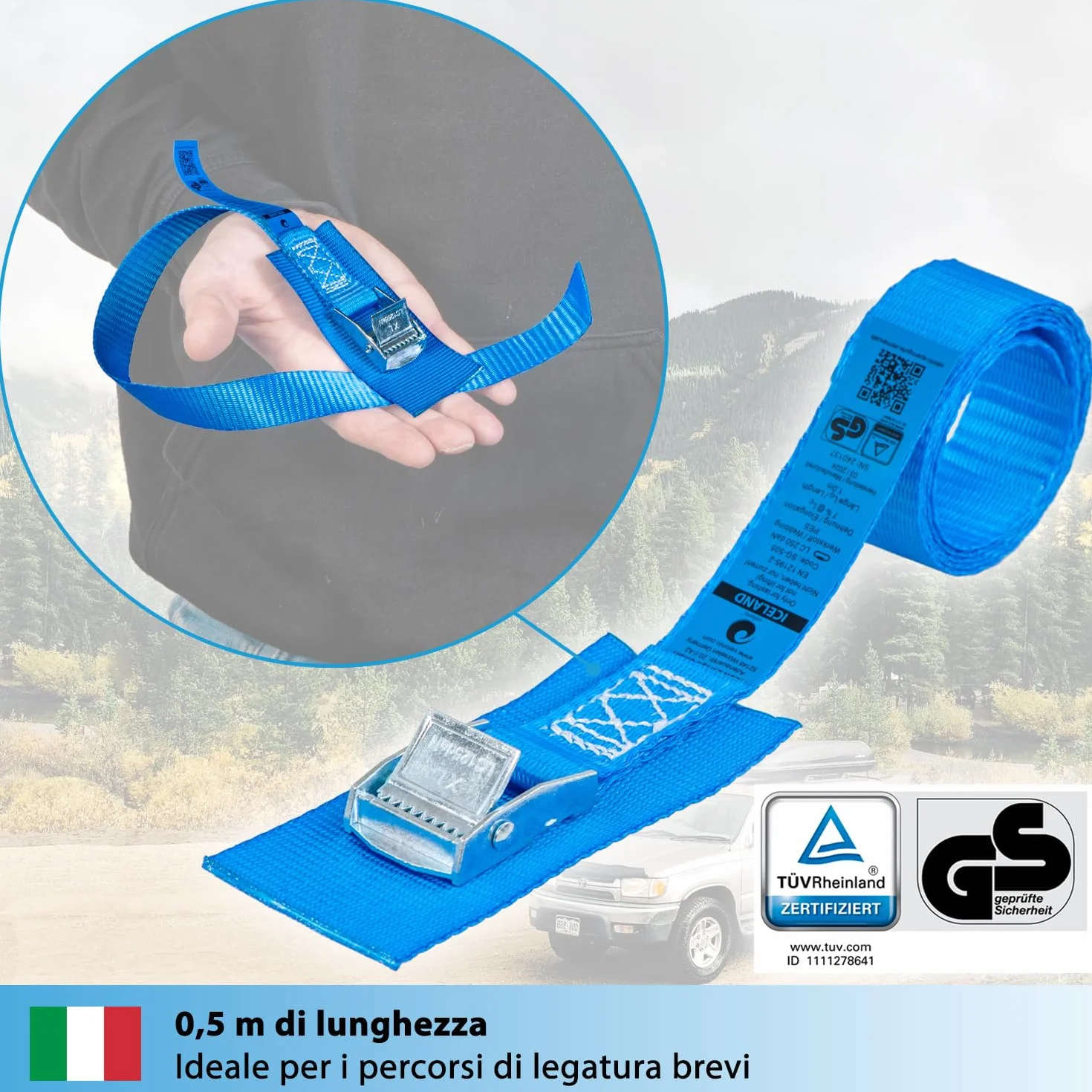 Valonic ICELAND Cinghie di fissaggio 25mm 250 Kg EN-12195-2 50cm blu