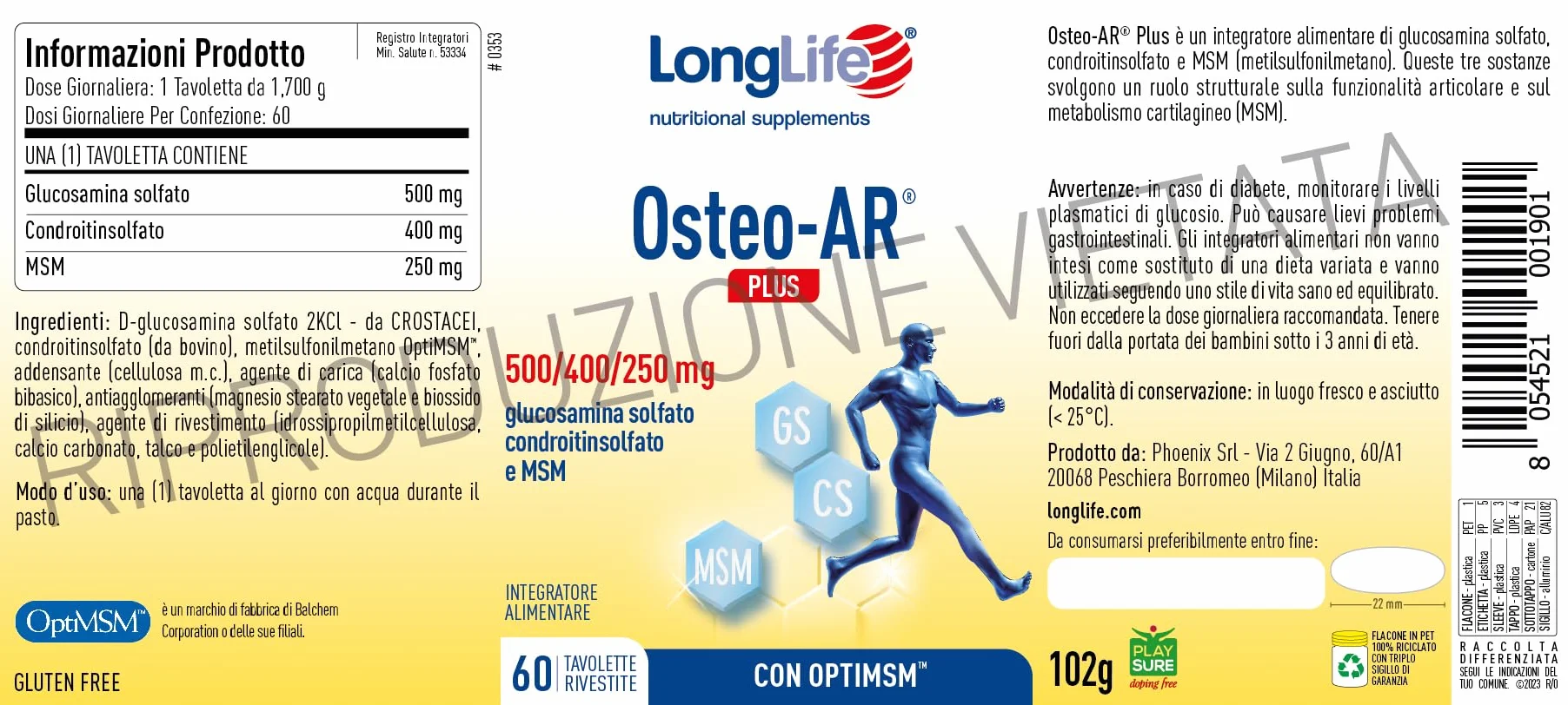 Longlife Osteo-Ar Plus Glucosamina Solfato Condroitinsolfato OptiMSM Benessere Articolazioni 2 Mesi