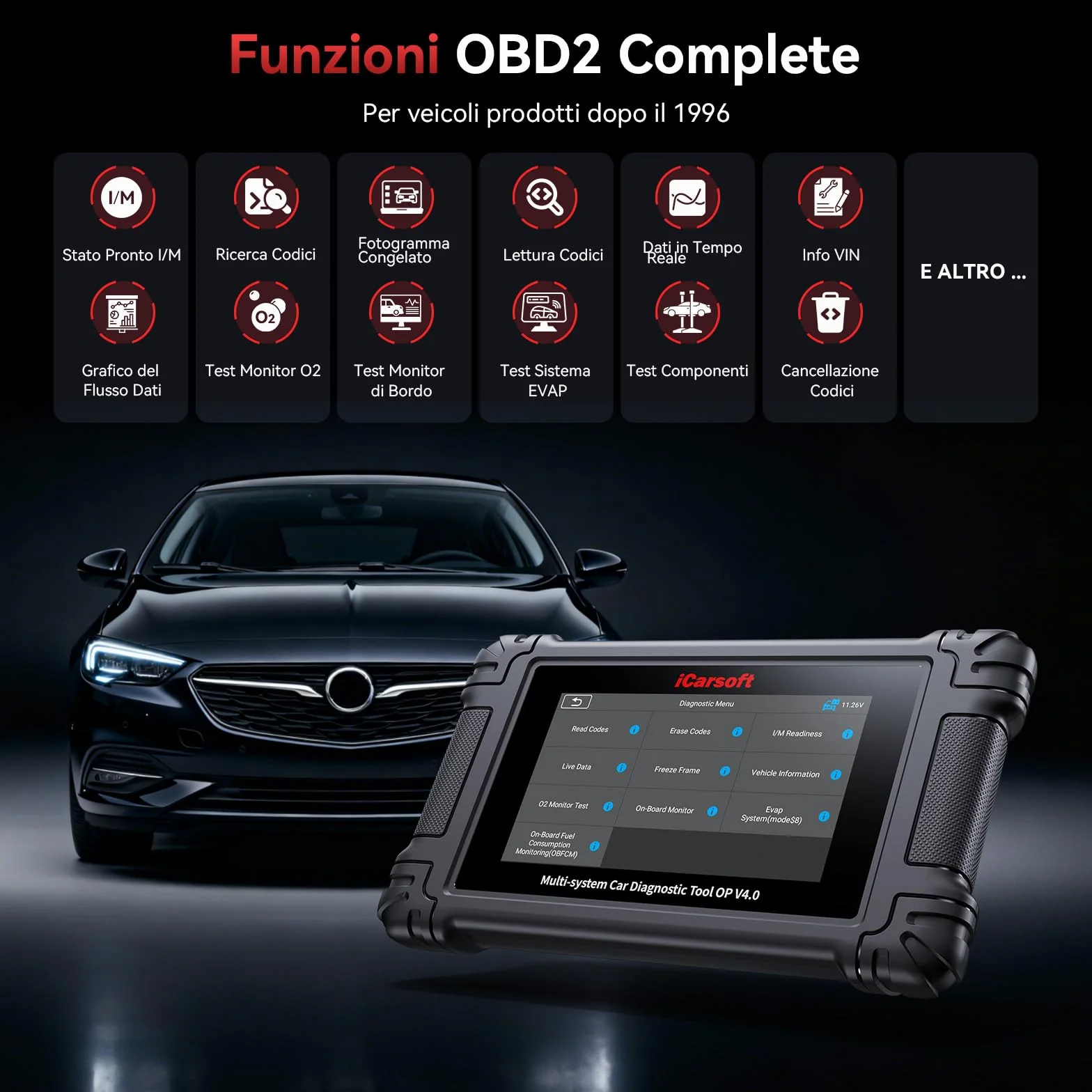 iCarsoft OP V4.0 OBD2 Diagnostica Auto Professionale per Opel/Vauxhall, 34 Servizi, Test Bidirezionale, WiFi