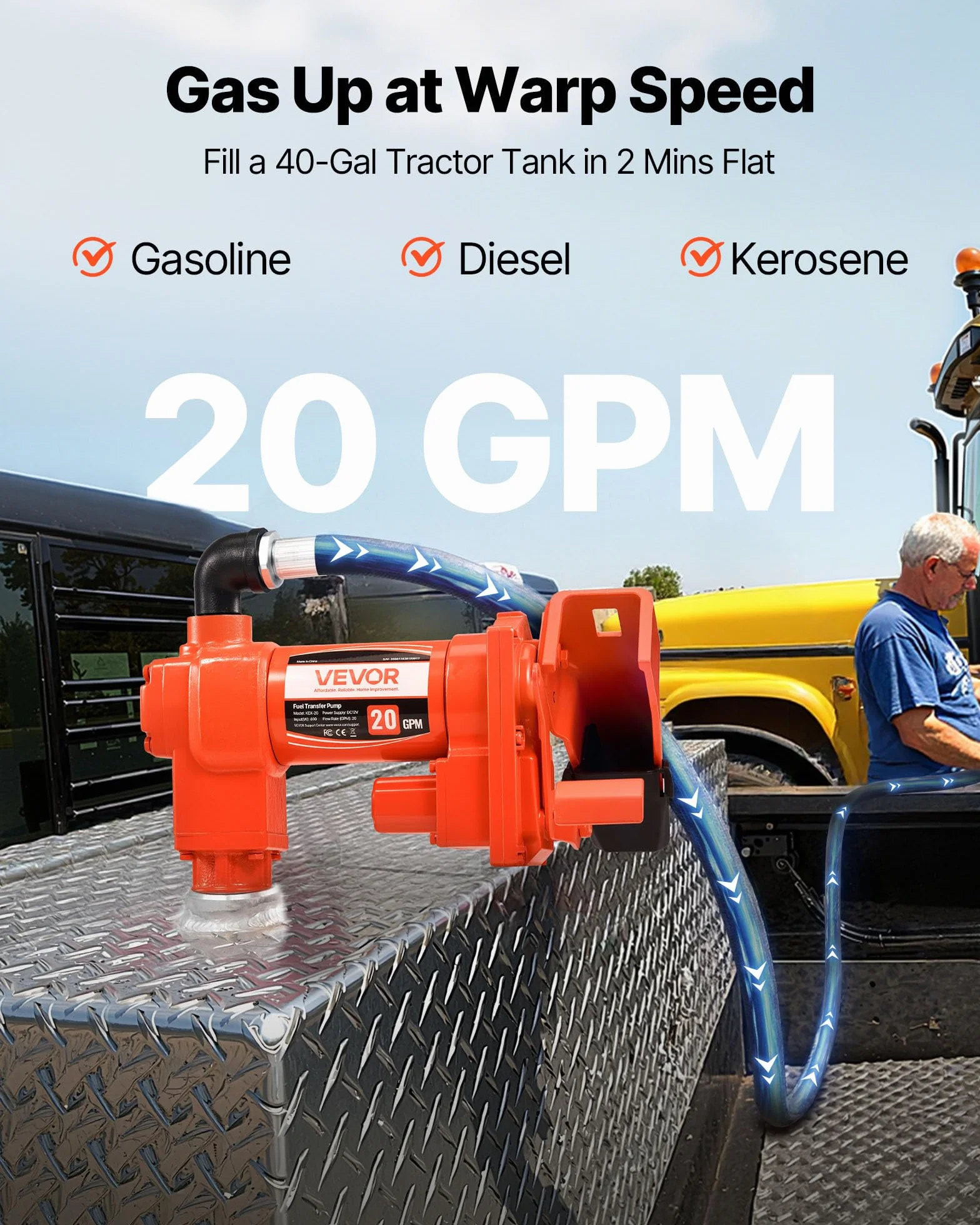 VEVOR Pompa di Trasferimento Carburante 12V CC 20 GPM 1/4 CV per Diesel Benzina Cherosene