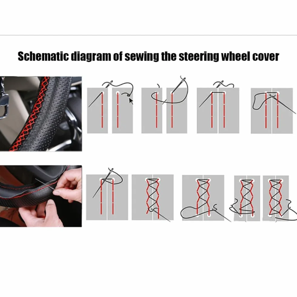 Coprivolante in pelle per camion, cucito a mano con ago e filo, antiscivolo, universale, protezione volante, accessorio auto per interni con fori, adatto per volante con diametro di 42 cm, nero rosso