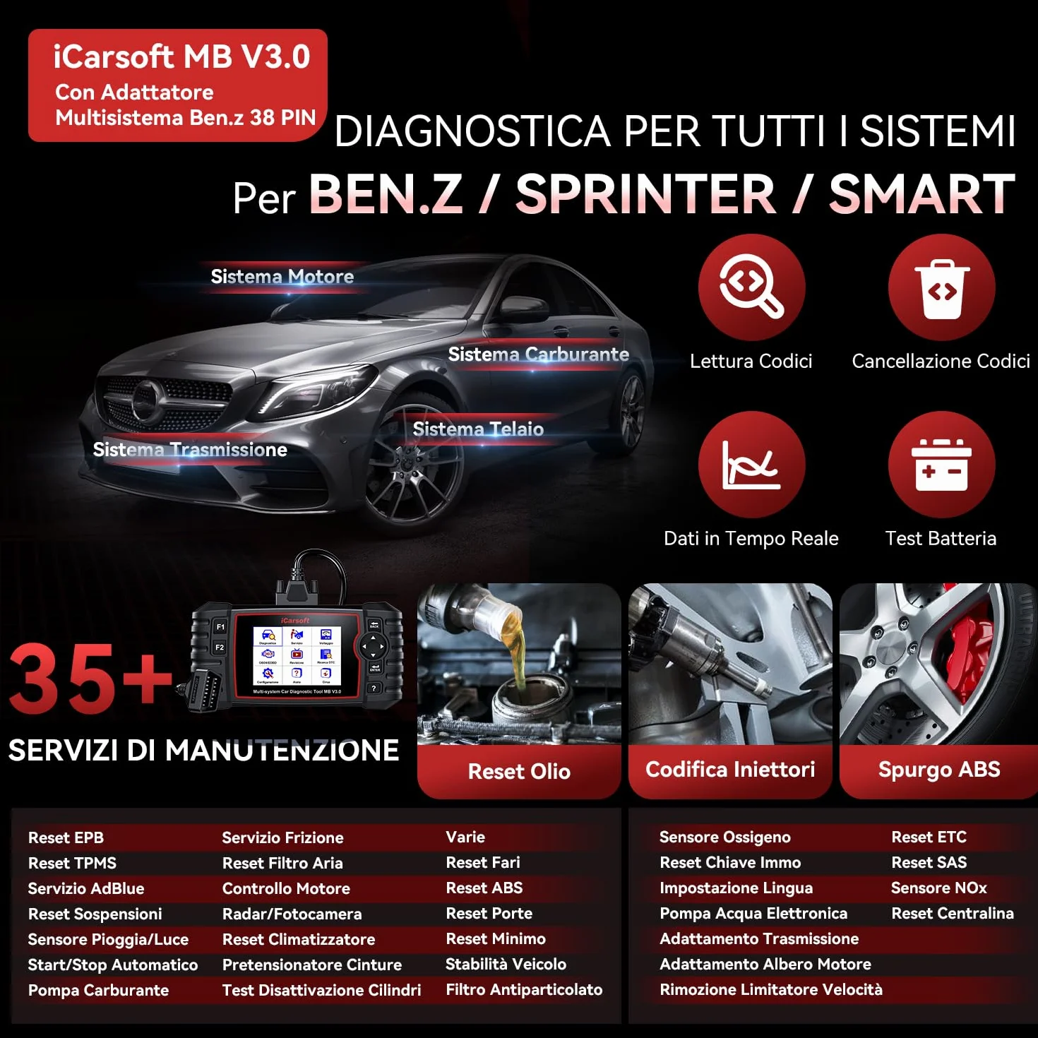 iCarsoft MB V3.0 OBD2 Diagnostica Auto per Ben.z/Sprinter/Smart 35 Funzioni di Ripristino