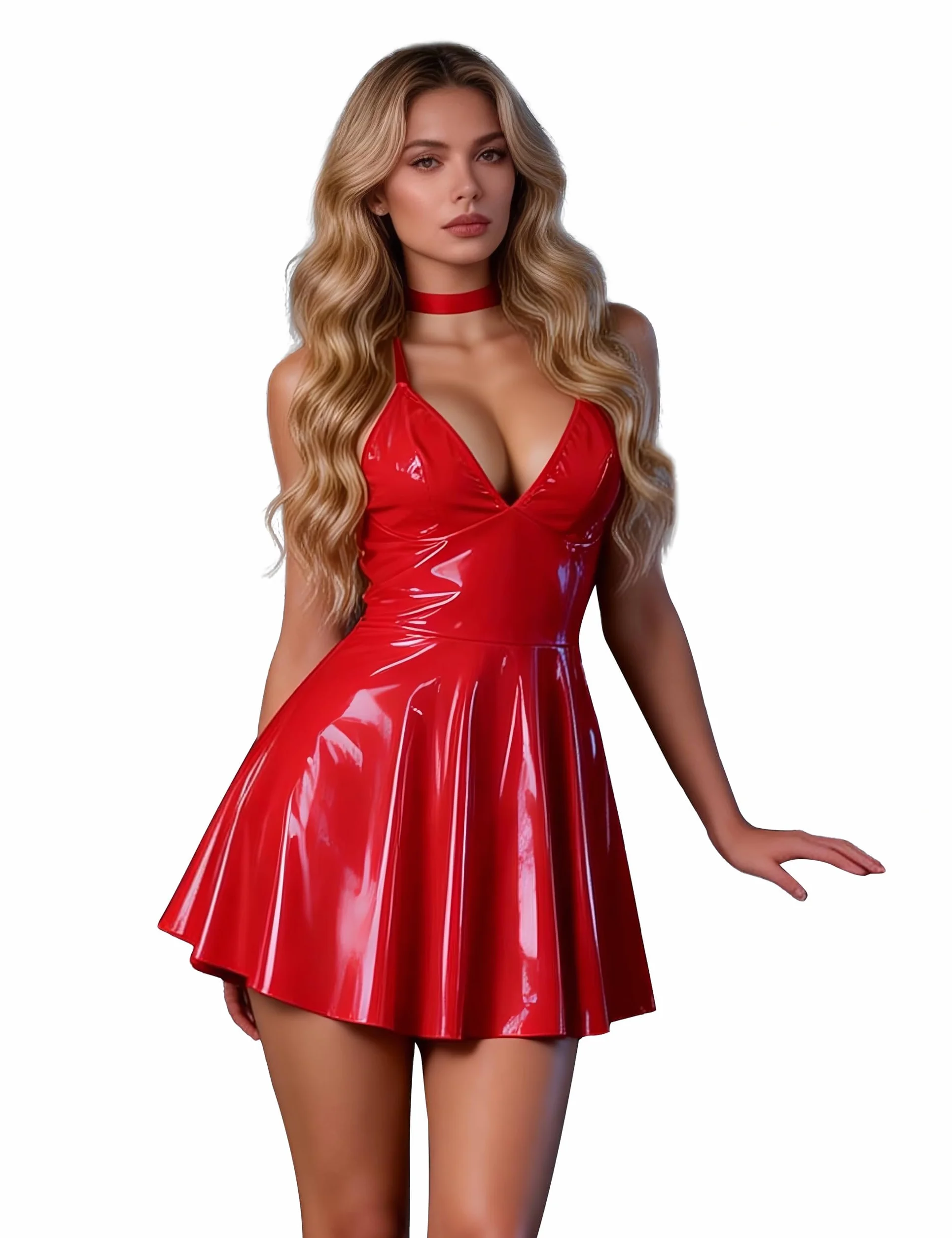 Abito Donna Curvy Sexy Corto PU Scollo V Lingerie Clubwear