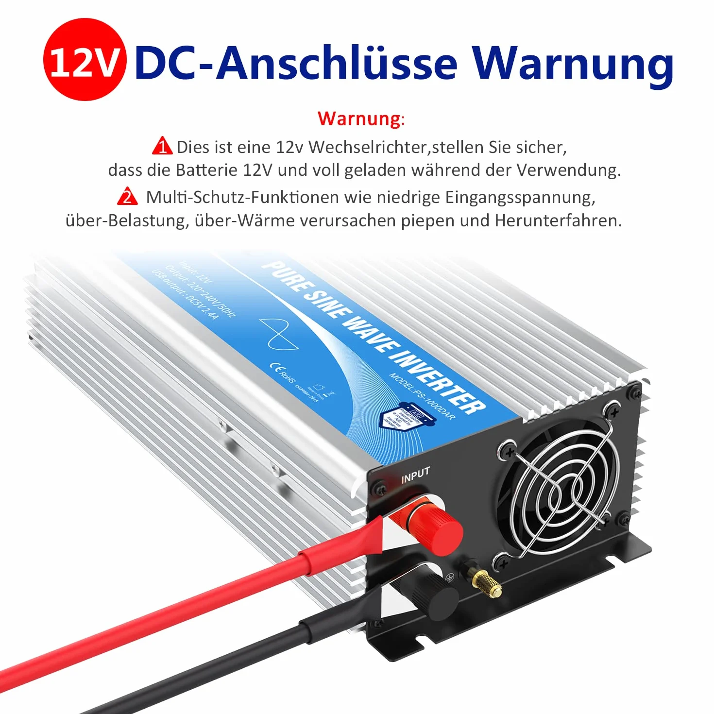 GIANDEL Inverter 12V a 230V Onda sinusoidale pura 1000W Convertitore di tensione con controllo remoto presa EU USB 2.4A