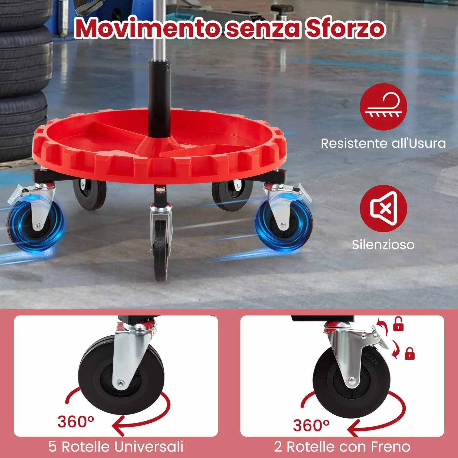 COSTWAY Sgabello da Officina con 5 Ruote, Sedia Meccanico Imbottita, Altezza Regolabile, Vassoio Porta Attrezzi, 185 kg