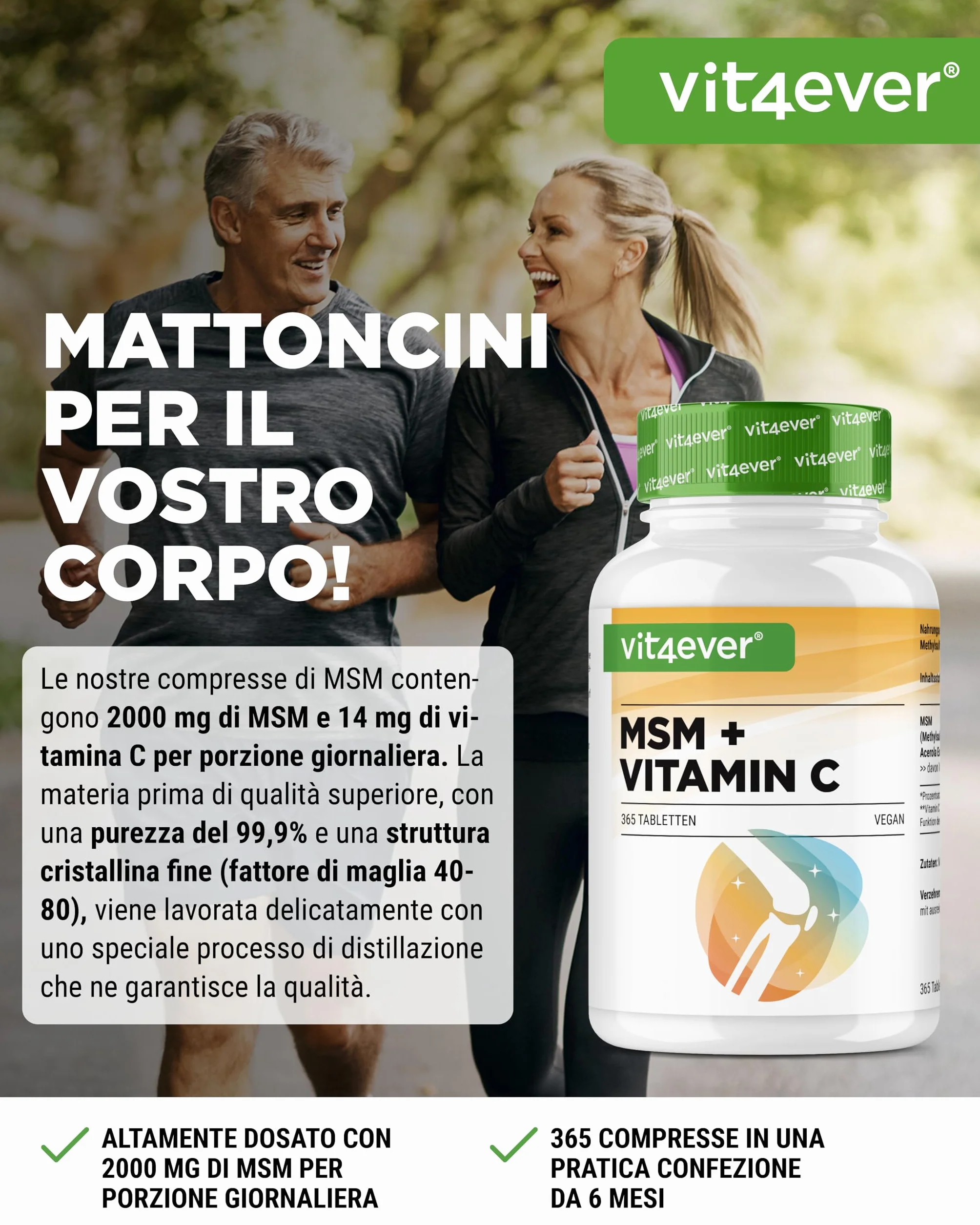 MSM 2000mg 365 compresse con vitamina C naturale da acerola vegan