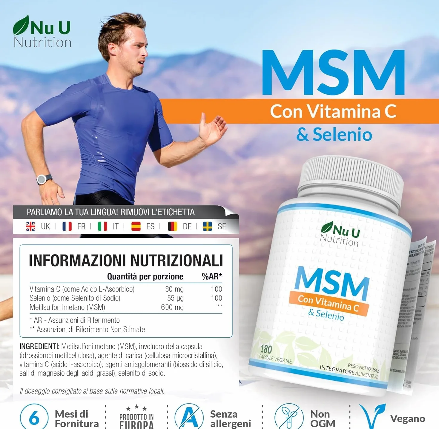Nu U Nutrition MSM Puro Vitamina C & Selenio 180 Capsule Vegane 600mg Integratore Metilsulfonilmetano