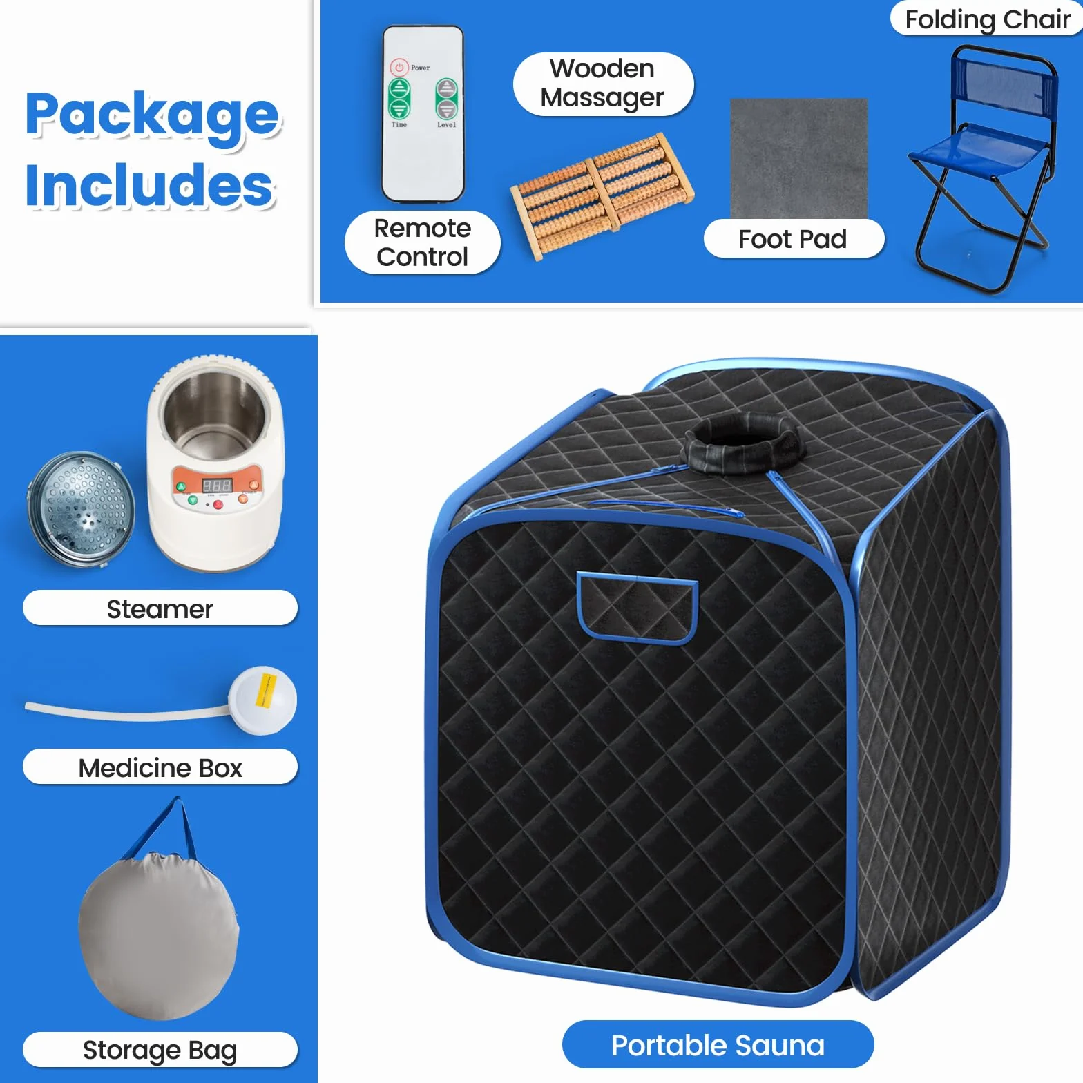HOMASIS Mini Sauna a Vapore Portatile, Sauna Domestica con Generatore 2L, Telecomando, 9 Livelli Temperatura, Timer, Sedia Pieghevole, Massaggiatore Piedi (Nero)