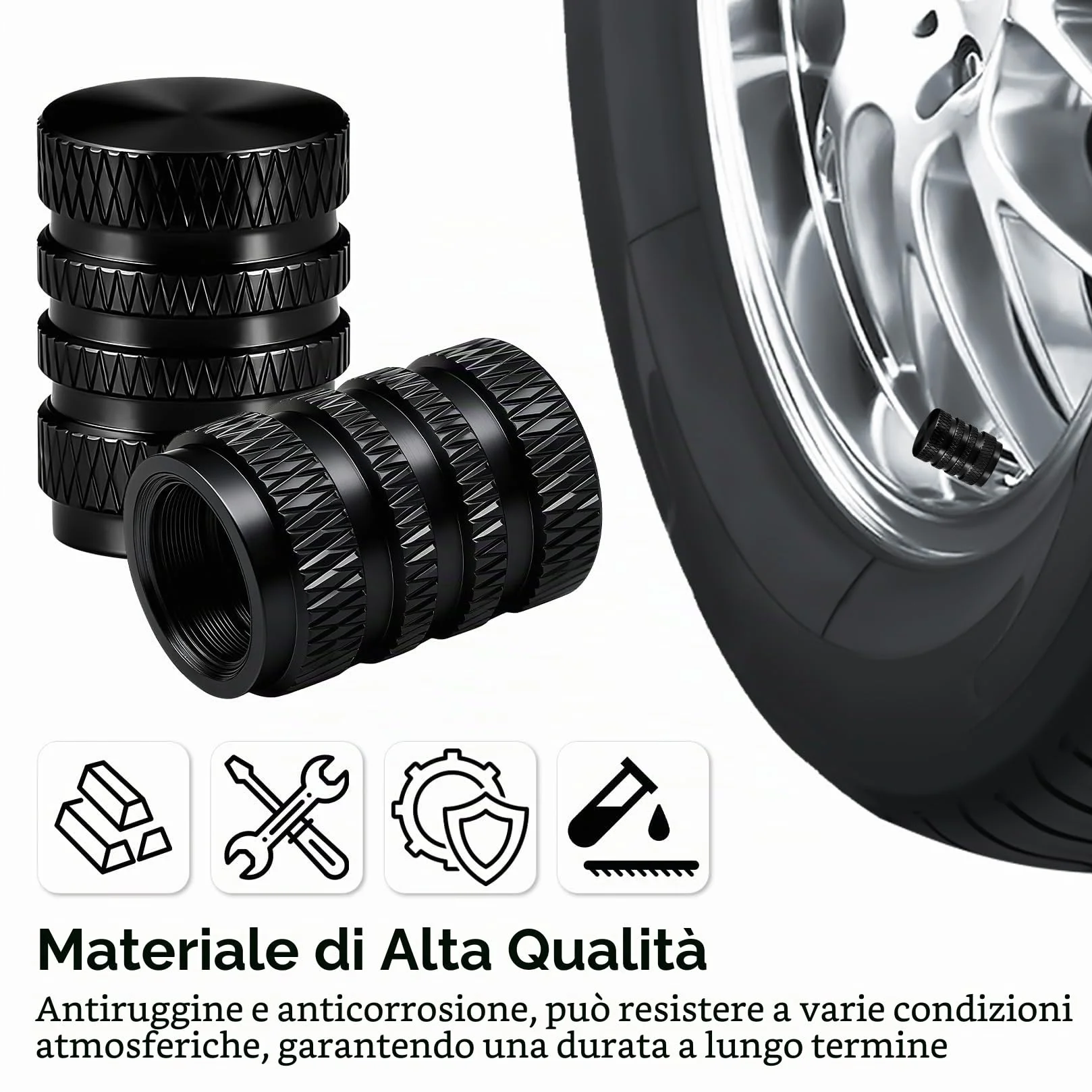 Tappini Gomme Auto Neri, Tappi Valvole Pneumatici per Auto Moto Biciclette Camion - 10 Pezzi