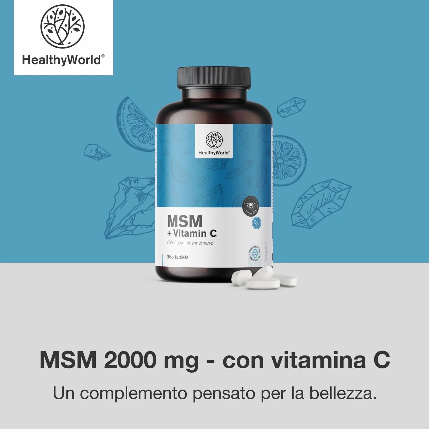 HealthyWorld MSM 2000 mg con Vitamina C 365 Compresse Alta Concentrazione Vegetariano