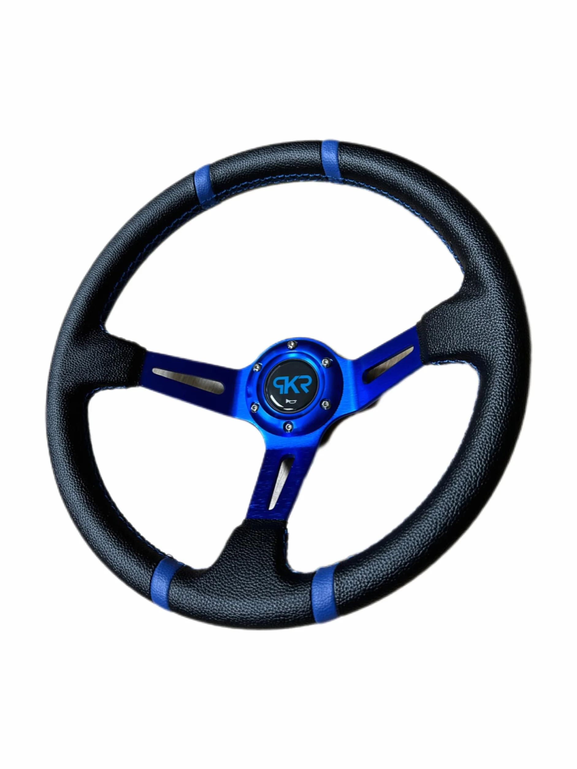 PKR VOLANTE SPORTIVO A CALICE NERO CON STRISCE BLU SPORTIVO UNIVERSALE AUTO RALLY SPORT GARE RADUNI TUNING