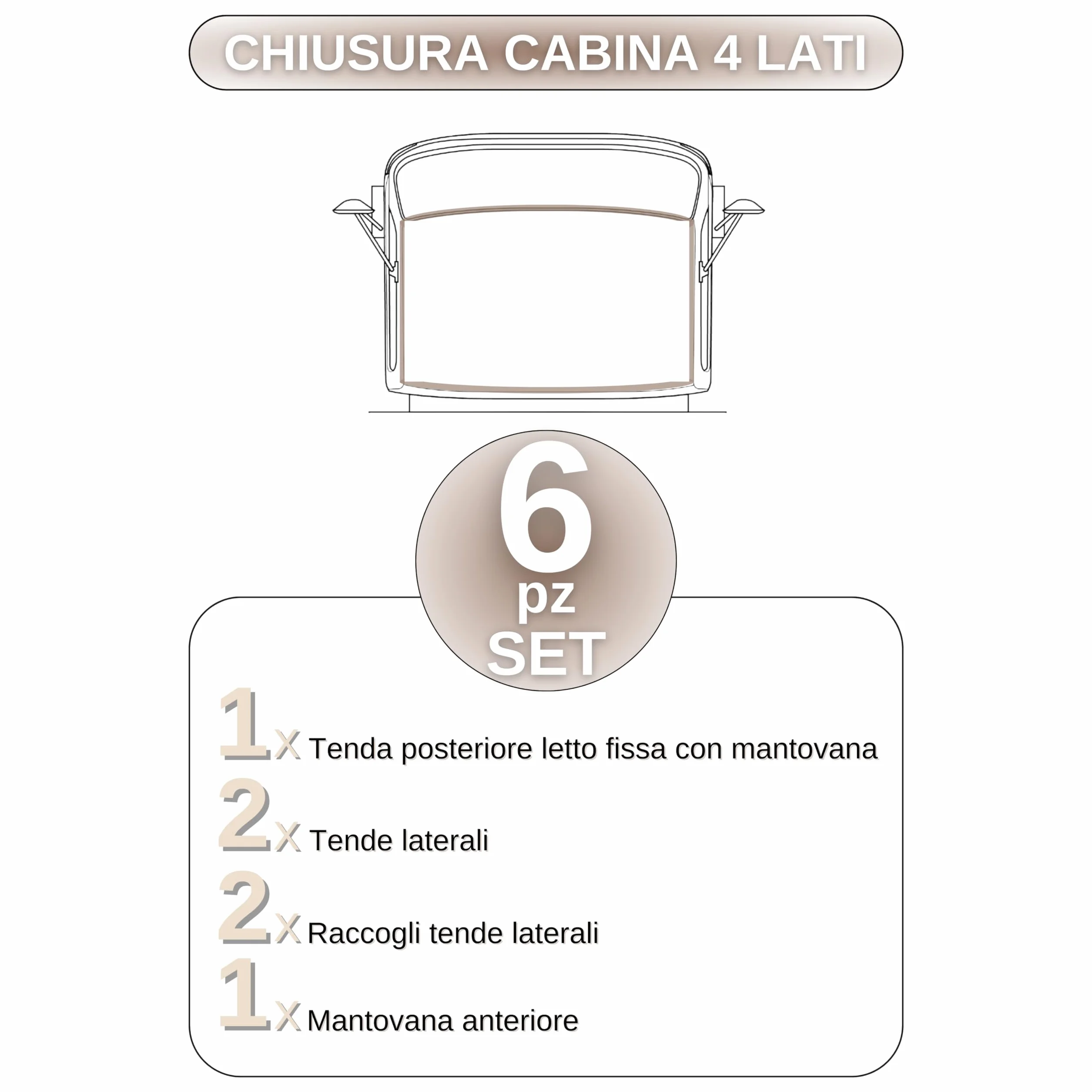 Set Elegante di Tende Universali per Camion, 6 Pezzi, in Simil Alcantara Altamente Oscurante, Colore Beige con Fiocchi Neri, Adatto a Tutti i Modelli di Camion, Applicazione Facile
