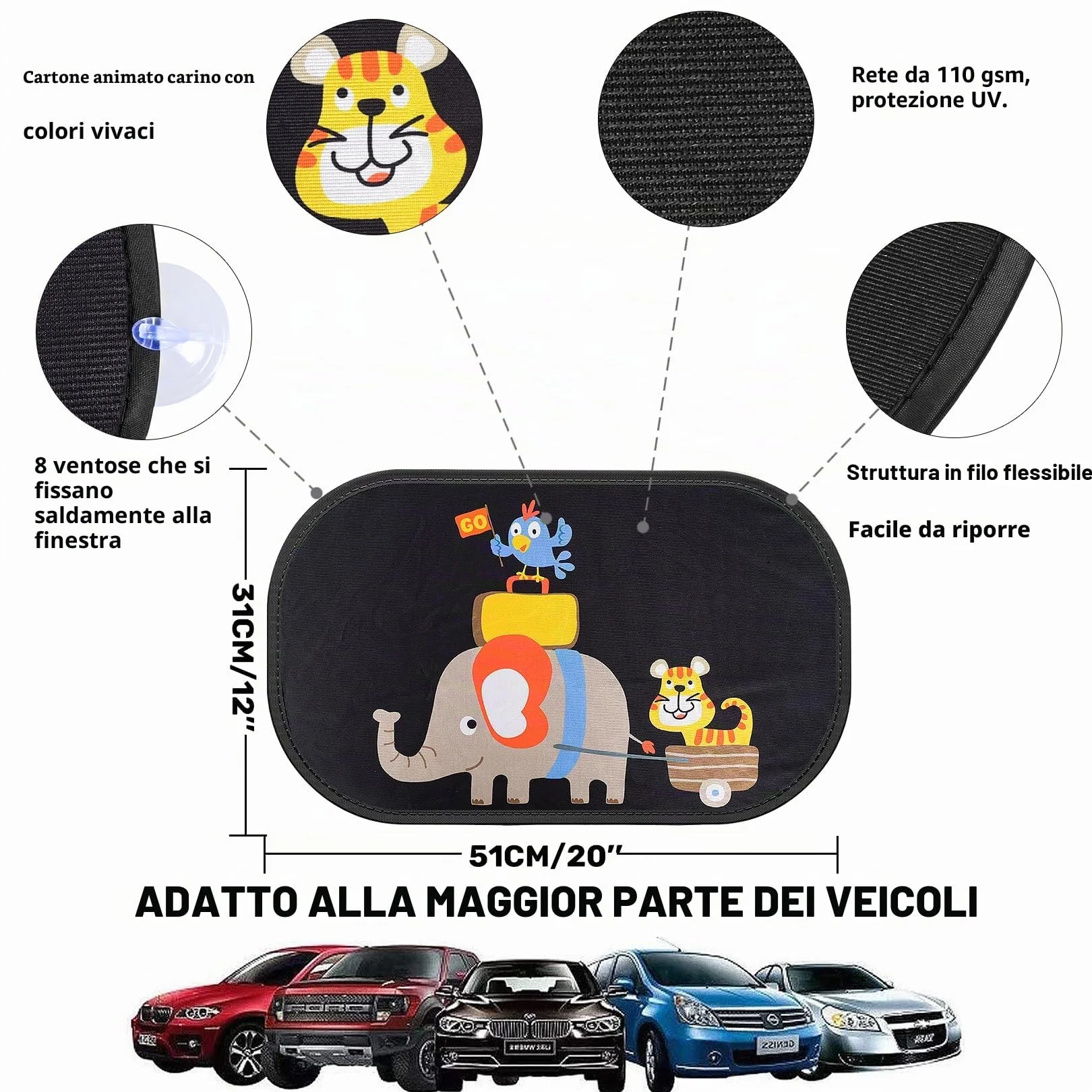 iZoeL Parasole Auto per Bambini 2 Pezzi Adatto per Finestrini Posteriori, Motivo Gara di Elefanti, Autoadesivo, 8 Ventose, Custodia, 51 x 31 cm, Universale Protezione Solare E UV