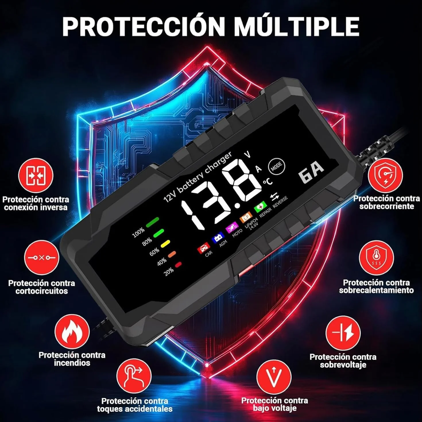 SQUADO Caricabatteria 6A 12V Intelligente per Auto, Moto, Scooter – Ricarica Automatica con Display LCD, Protezione da Sovraccarico e Inversione Polarità, per Batterie Piombo AGM/GEL/WET