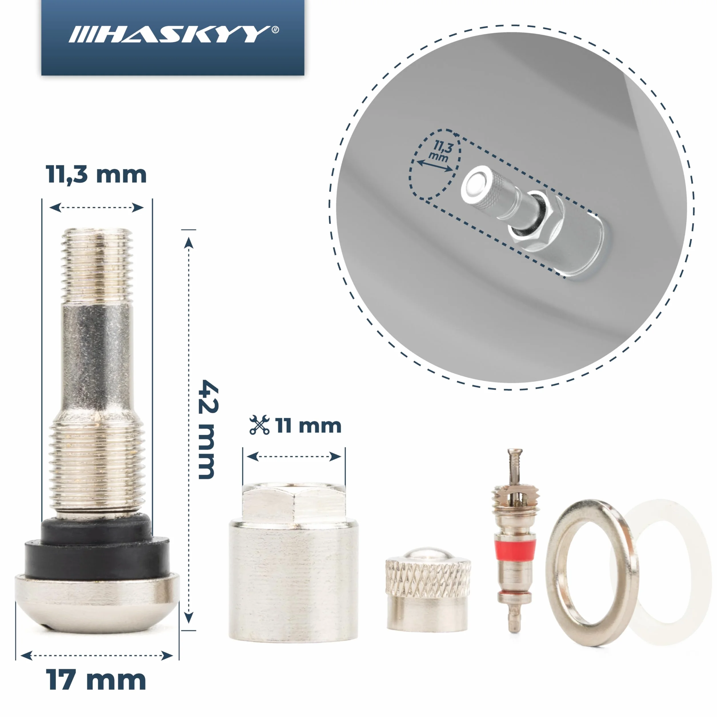 HASKYY 4 Pezzi Valvole cerchio pneumatici I universali valvole in metallo I argentate d'acciaio I 11,3mm