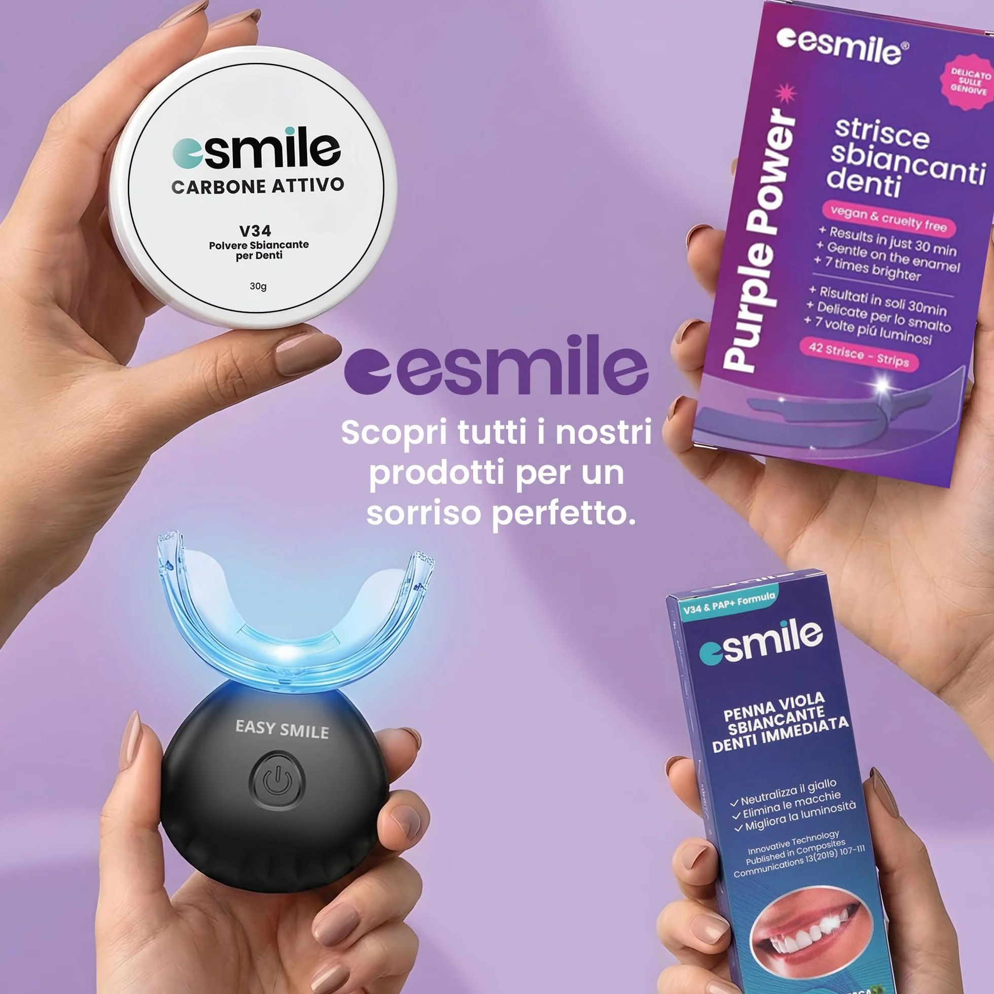 ESMILE Polvere Sbiancante Denti Immediato Carbone Attivo Naturale Menta Sbiancamento Professionale Pasta Denti Bianchi 30 gr
