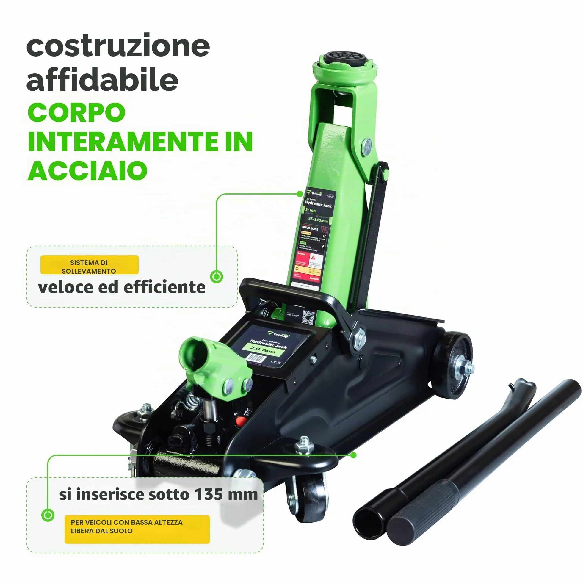Martinetto idraulico a carrello 2 tonnellate con valigetta, intervallo sollevamento 13,5-34 cm per auto SUV