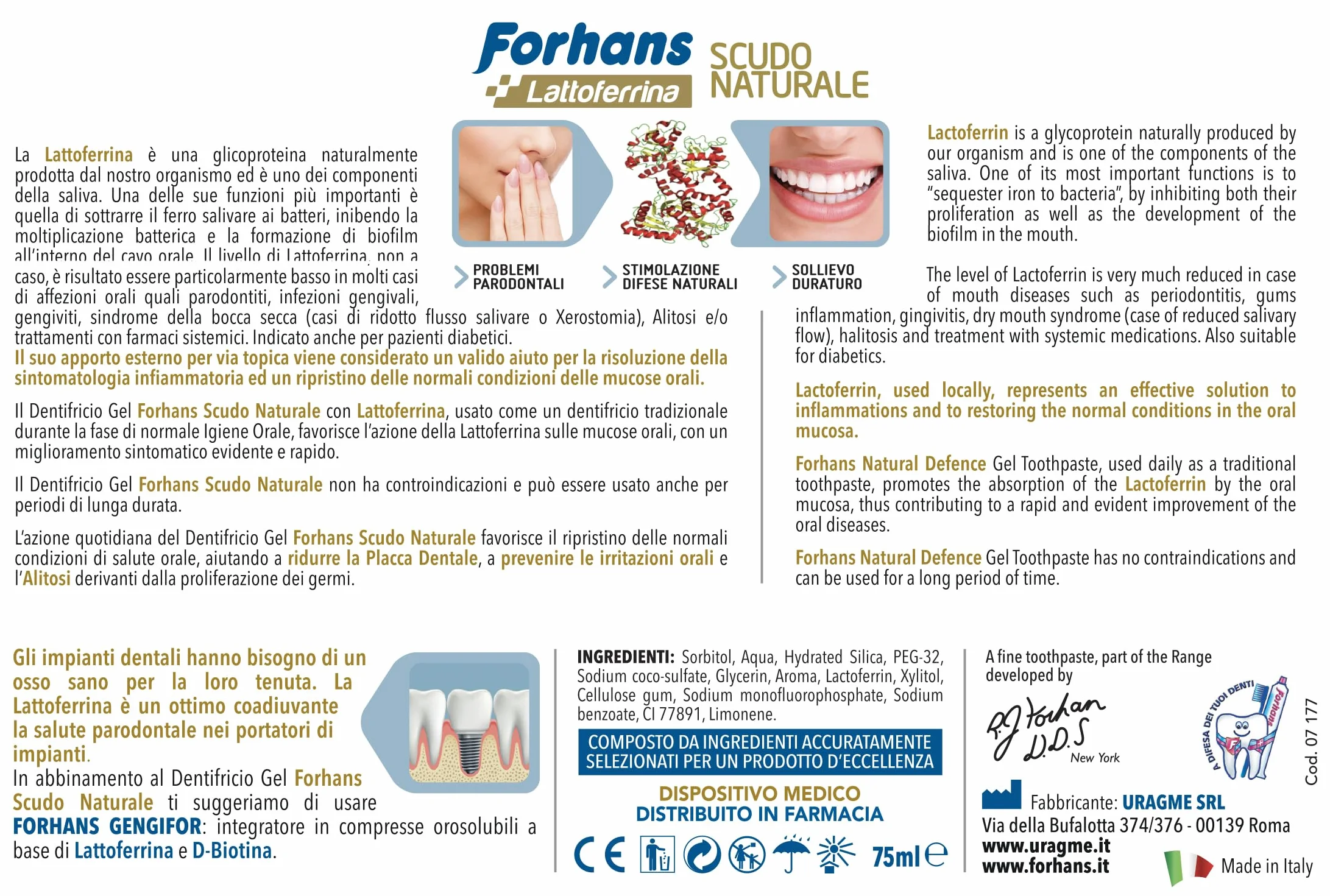 Forhans Dentifricio Gel Scudo Naturale Lattoferrina Antibatterico Cavo Orale 75 ml
