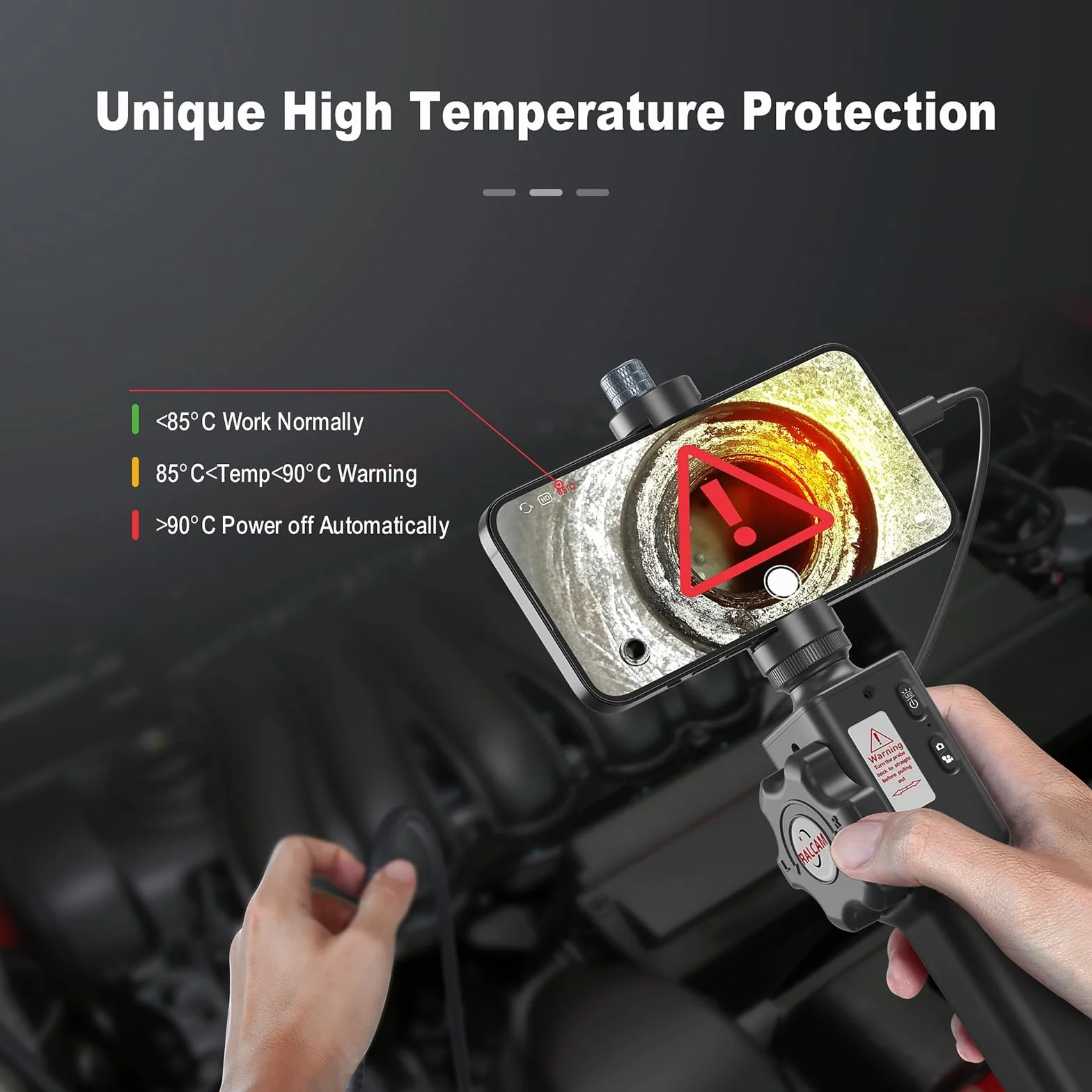 Ralcam Telecamera Endoscopica Industriale 1080P 8.5mm Boroscopio Snake 180° 2m Cavo Semirigido 8 LED Regolabili per iOS Android