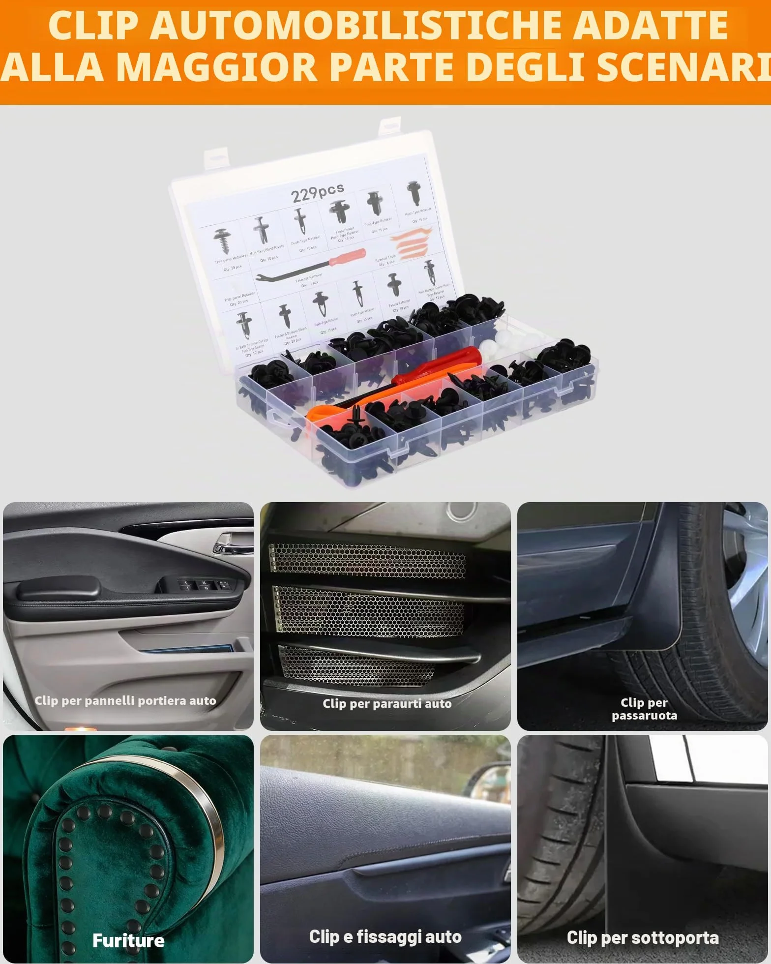 Set rivetti ad espansione e clip di fissaggio per auto – rivetti in plastica per auto, clip di fissaggio auto e viti per carrozzeria per pannelli porta, paraurti e parafanghi, assortimento 229 pz