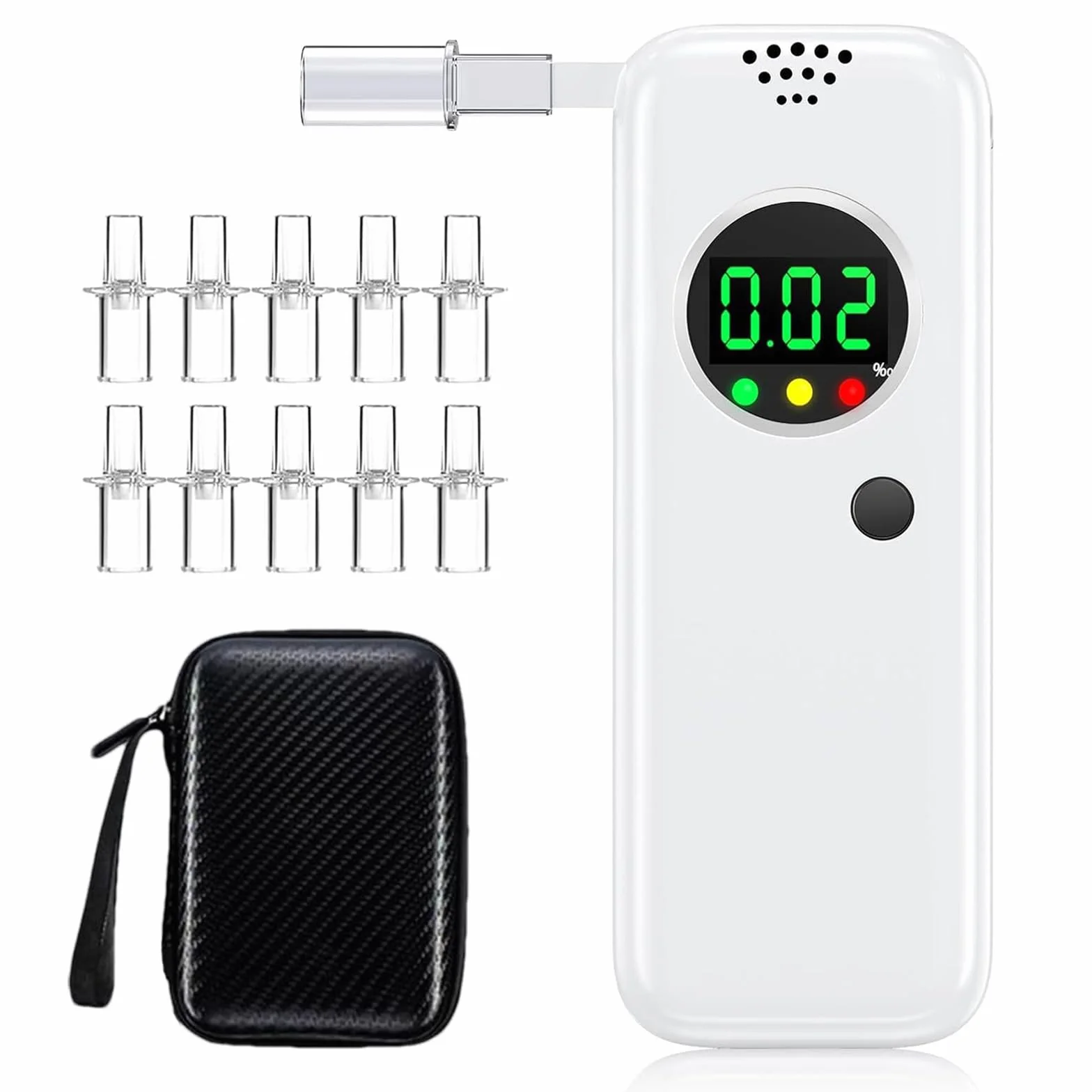 Etilometro Portatile Certificato, Alcol Test con Display LCD a Colori Digitali, Etilometro per Uso Domestico e Professionale, Codice Della Strada, Tester di Alcol con Bocchetti di 10 Pezzi (Bianco)