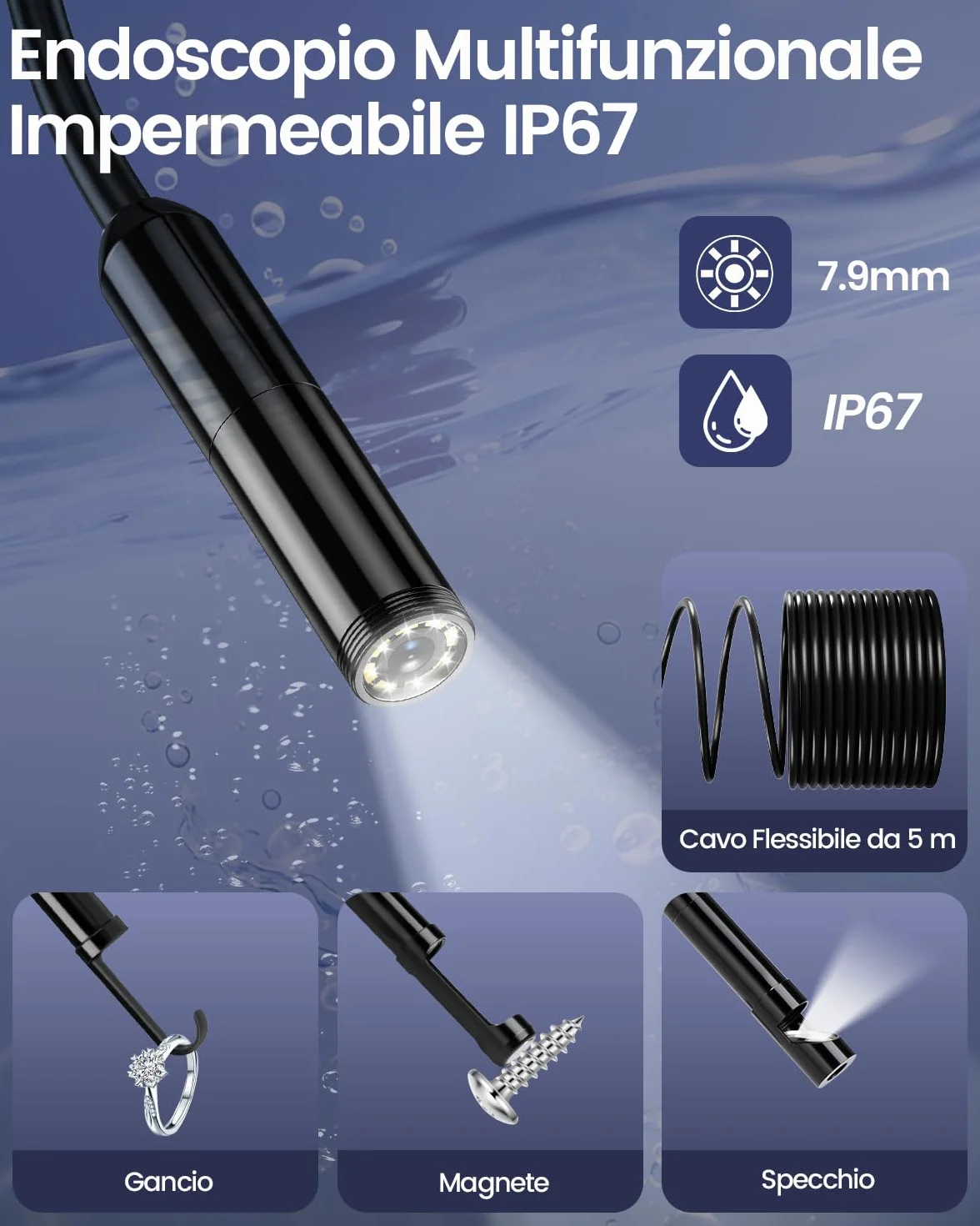 Endoscopio per Smartphone 1920P HD Boroscopio Digitale Industriale Sonda Telecamera con 8 LED IP67 5m