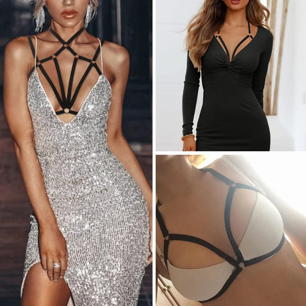 VicSec Women Sexy Harness Strappy Hollow out Bra Cupless Body Lingerie Punk Gothic Adjustable Halter Crop Top Bralet
