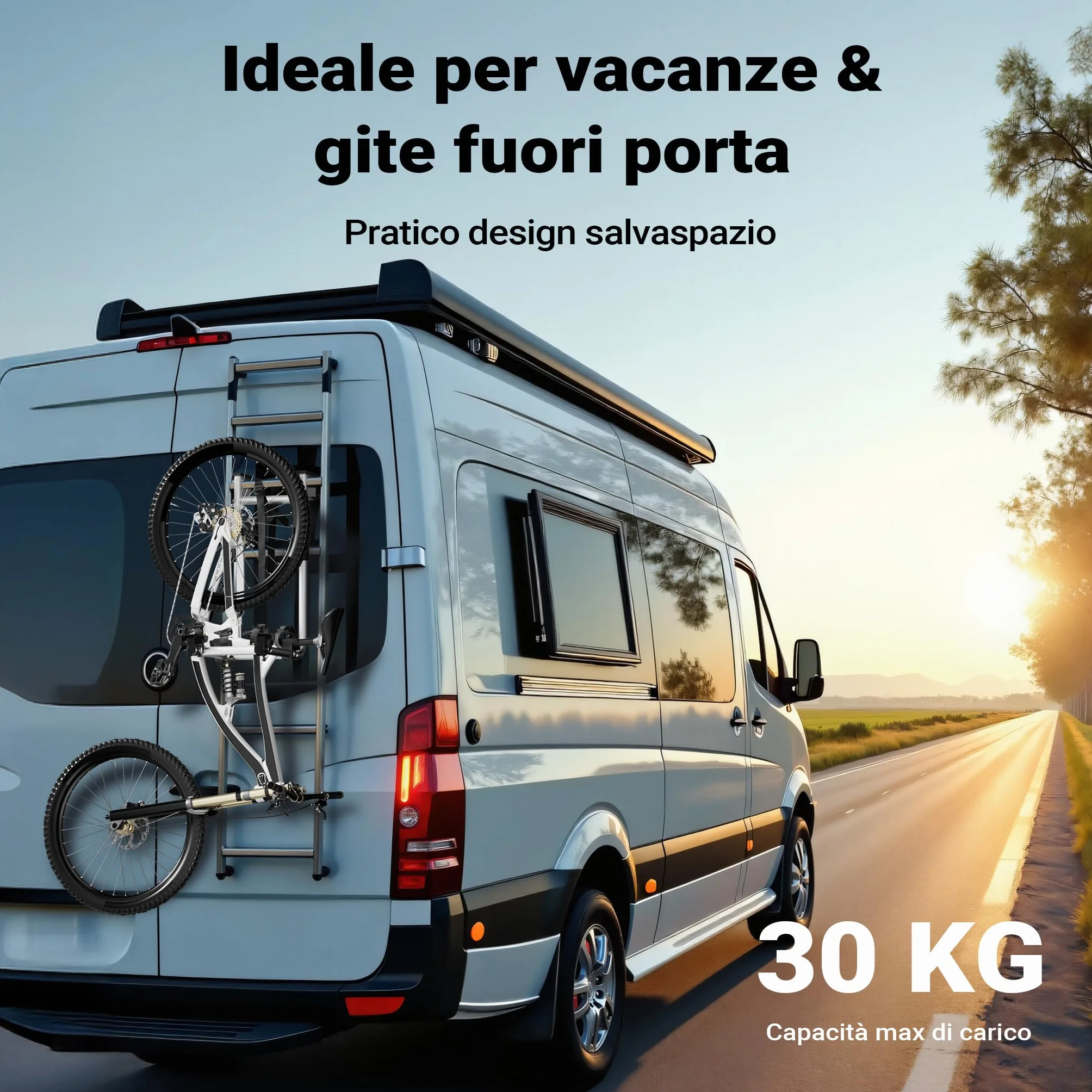 Wiltec Portabici camper per 2 biciclette, portabiciclette da montare alla scaletta, portata fino a 30 kg, in alluminio robusto, universale