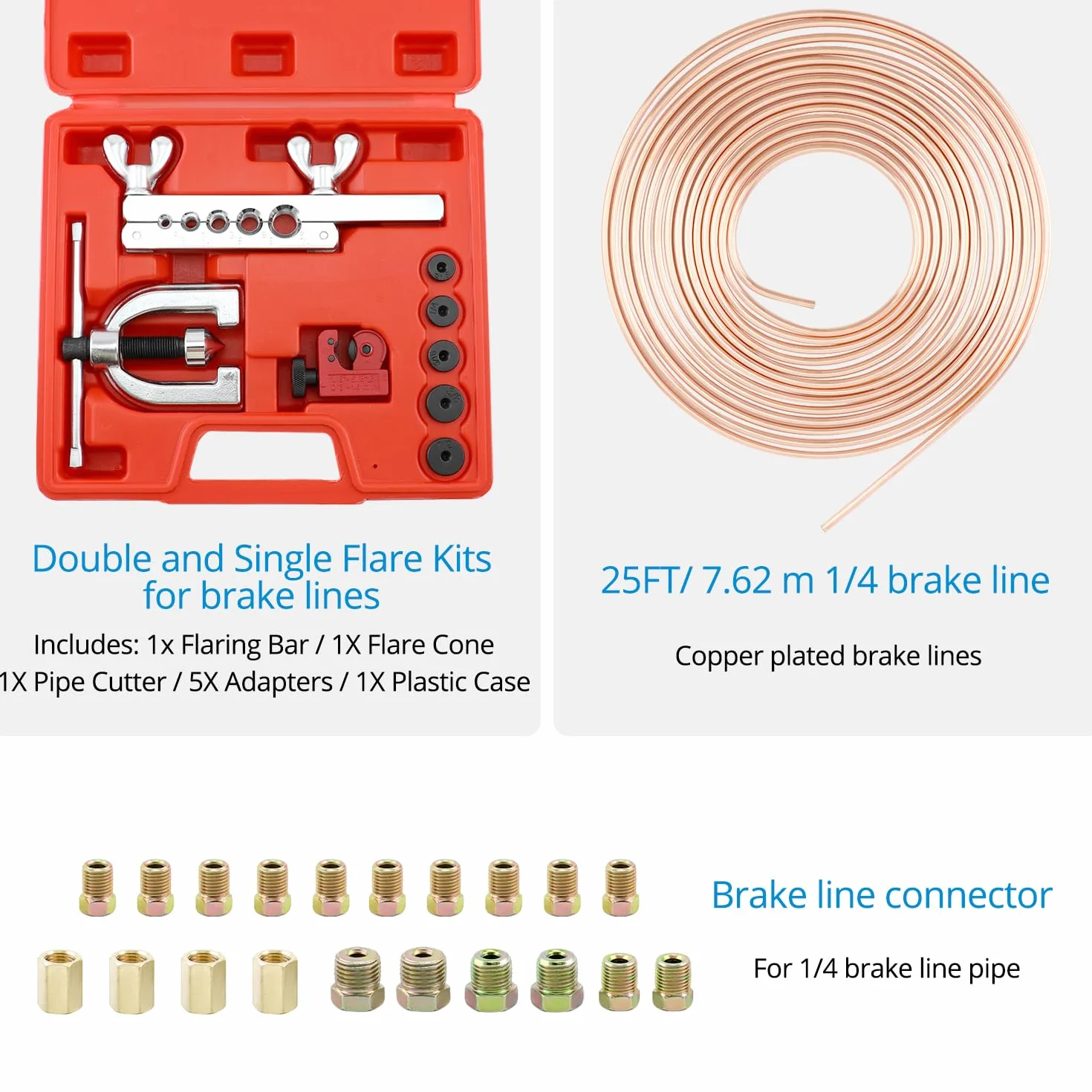 QWORK Kit Svasatura Tubi Freno Rame 7.62m Adattatore Multi-Dimensione Piegatubi Blu