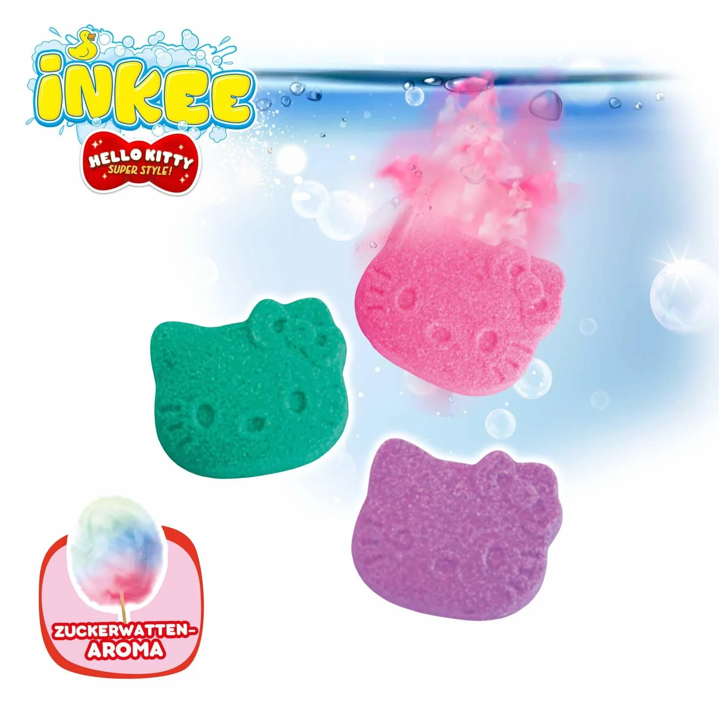 Hello Kitty INKEE Mini Pack 3 Pompe Da Bagno Bambini Forme Aromi Zucchero Filato