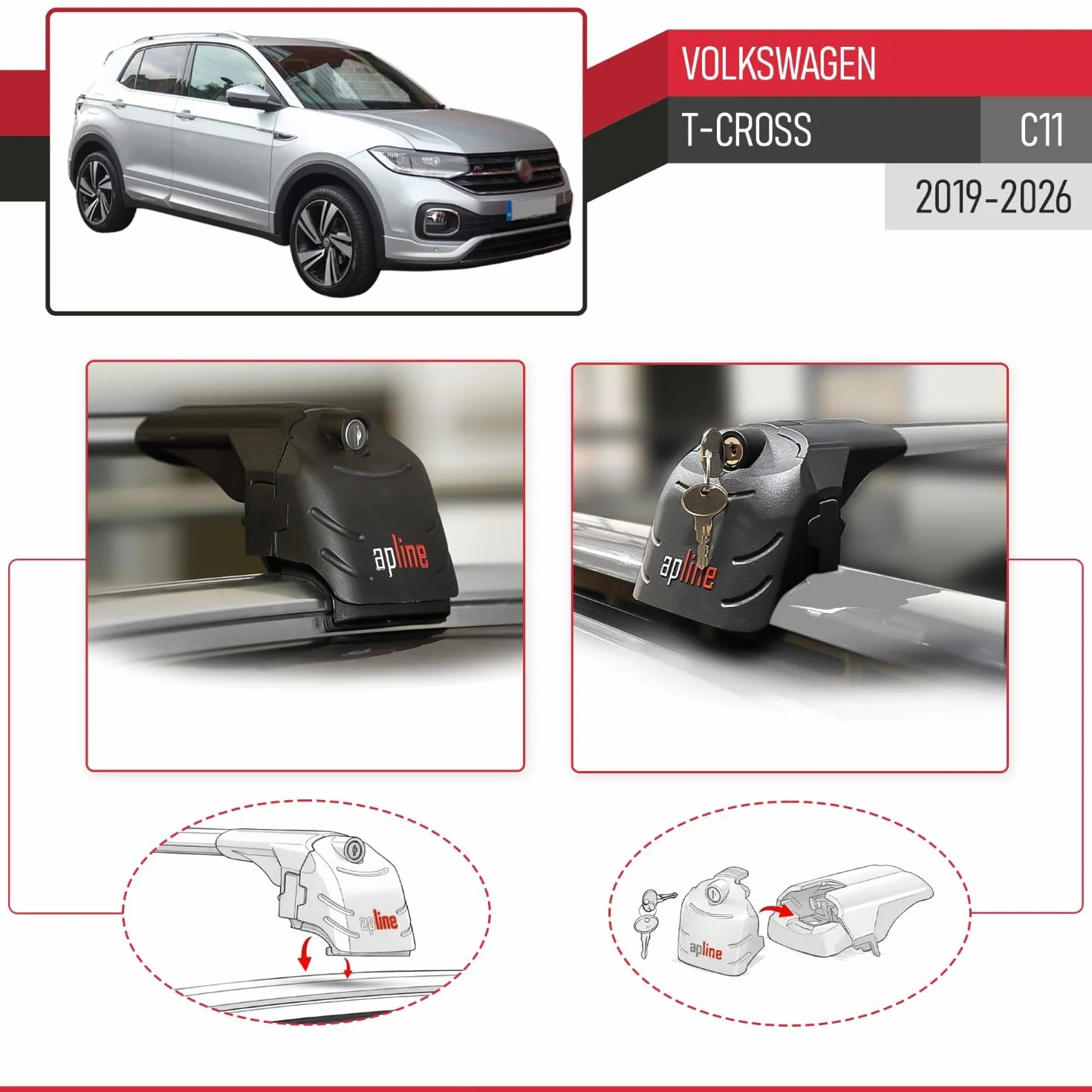 Compatibile con Volkswagen T-Cross (C11) 2019-2026 Modello ACE-2 Barre Tetto Portapacchi Auto Barre Portatutto Grigio Alluminio 2 Barre