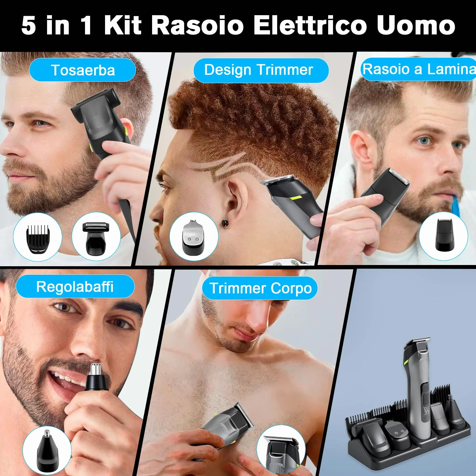 Carehabi 5 in 1 Tagliacapelli Uomo Professionale Regolabarba, Impermeabile IPX7 Kit Multigroom