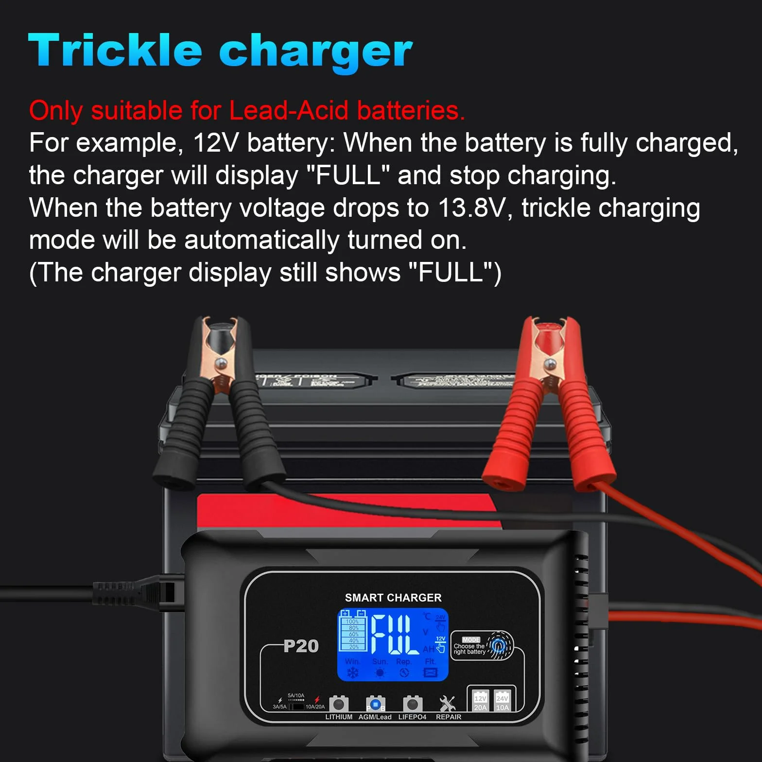 HTRC Carica Batteria per Auto 12V/20A ＆ 24V/10A, Caricabatterie Auto e Mantenitore di Carica Auto, Caricatore Batteria Auto, Carica Batteria Auto per Litio, LiFePo4 e Piombo Acido(AGM, GEL, MF, EFB)