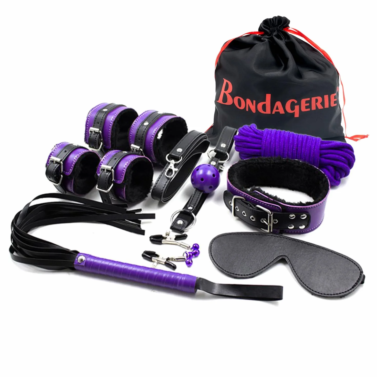BONDAGERIE® Kit per coppie di 8 Accessori viola e nero, Manette Frustino collare corda sacco in raso