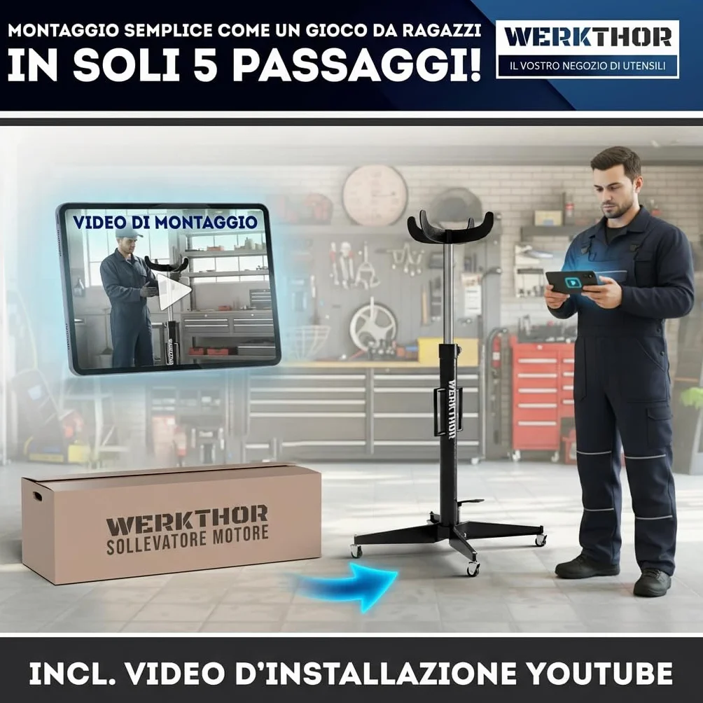 WERKTHOR Sollevatore per ingranaggi 500 kg idraulico regolabile 113-195 cm motore officina arrotolabile 4 ruote pedale nero