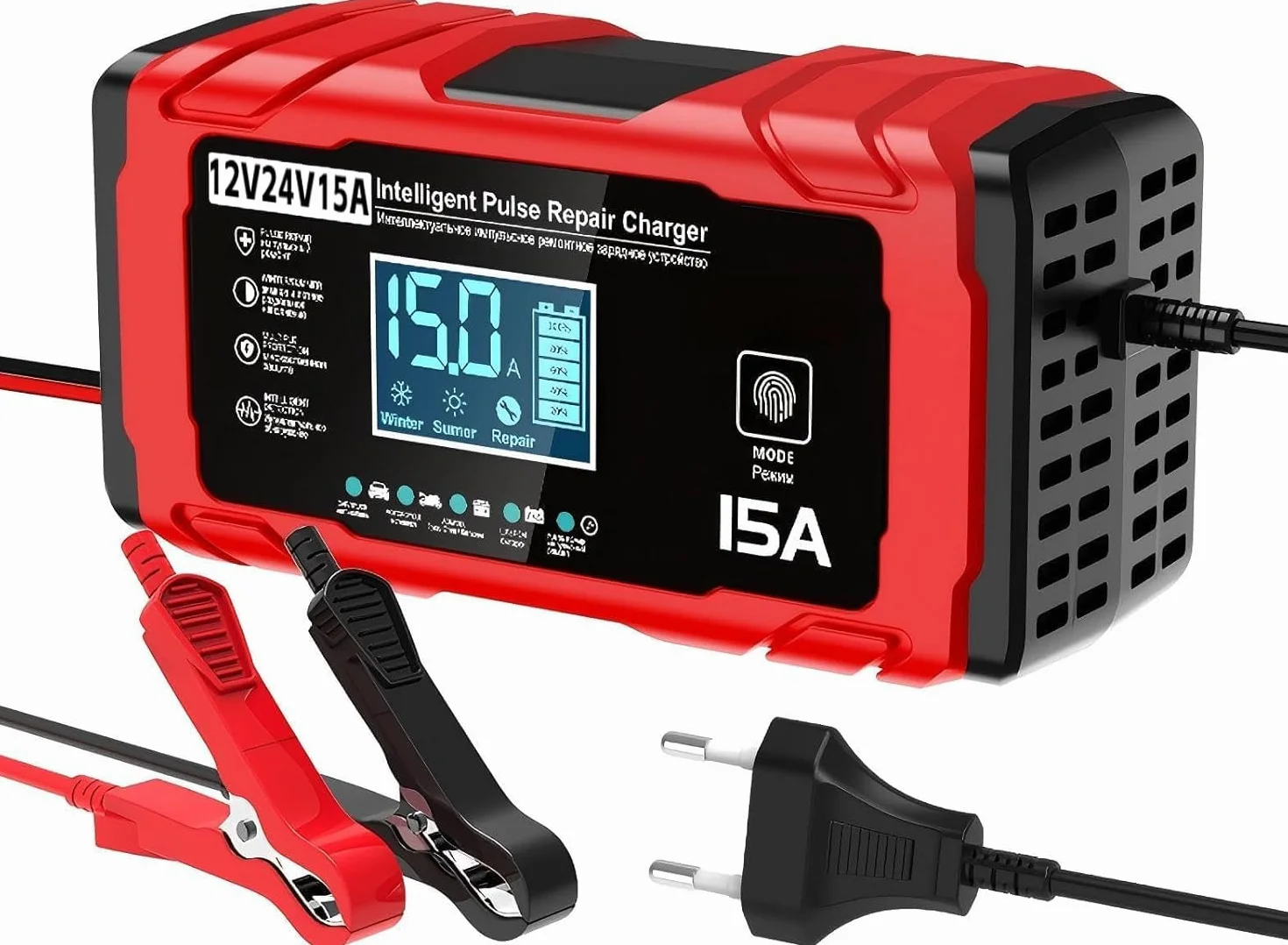 Caricabatteria per Auto 15A - 12V/24V 15A Carica Batterie intelligente Auto, Schermo LCD, Caricabatterie con Multi-Protezione, Compatibile con Batterie per Auto, Moto, AGM e LiFePO4