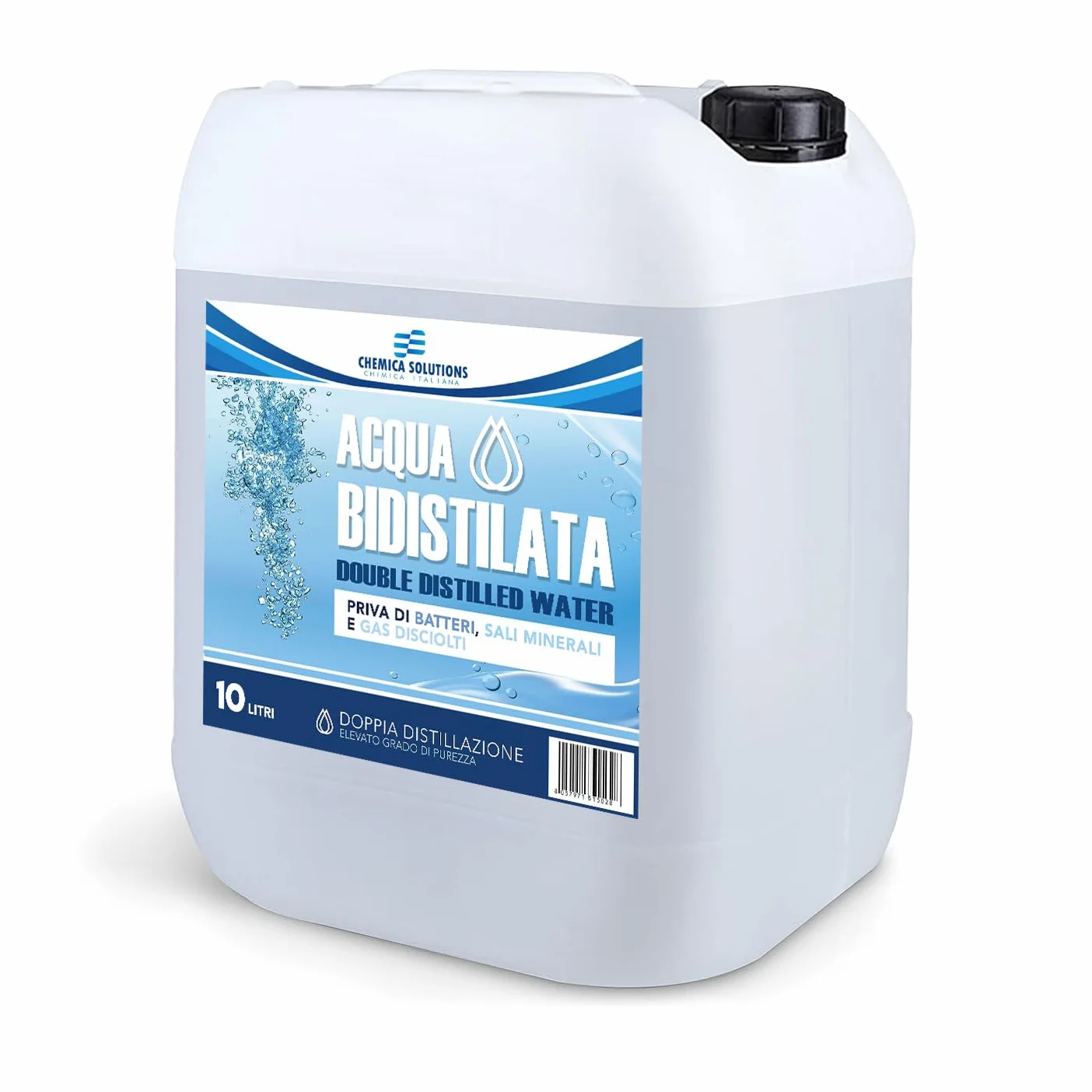 CHEMICA SOLUTIONS Acqua Bidistillata Pura 20 Litri 2 taniche da 10 L Distillata Due Volte Demineralizzata Made in Italy