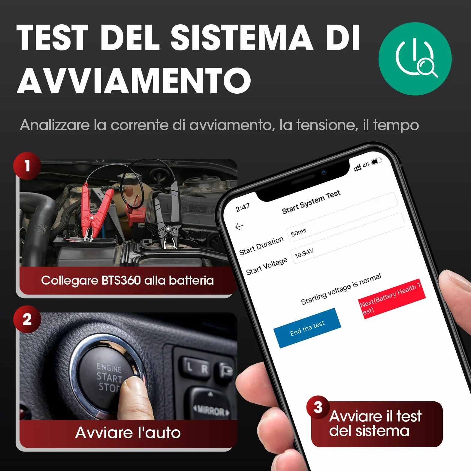 LAUNCH BST360 - Tester batteria auto 12 V, 100-2000 CCA Bluetooth strumento analizzatore della batteria Auto, test di salute di ricarica per auto camion moto ATV SUV barca Yacht