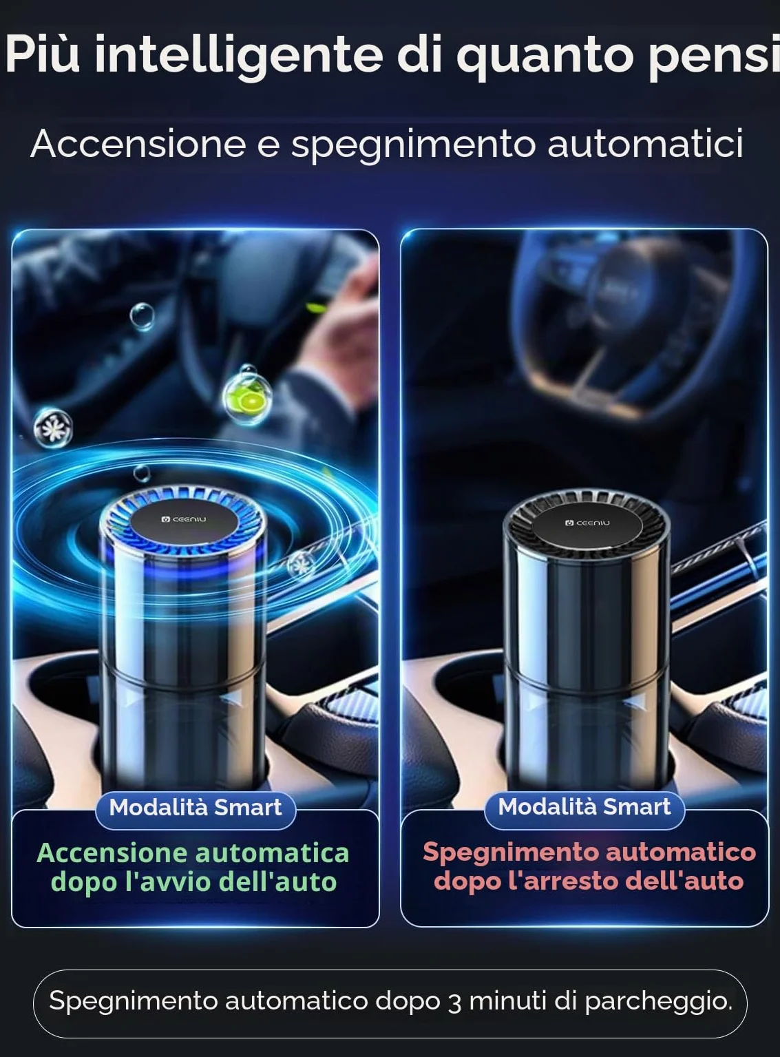 Profumatore Auto Ceeniu CF3 135 ml Grande Capacità 4-8 Mesi Luce Ambientale Silenziosa Auto On/Off Concentrazione Regolabile 2 Modalità