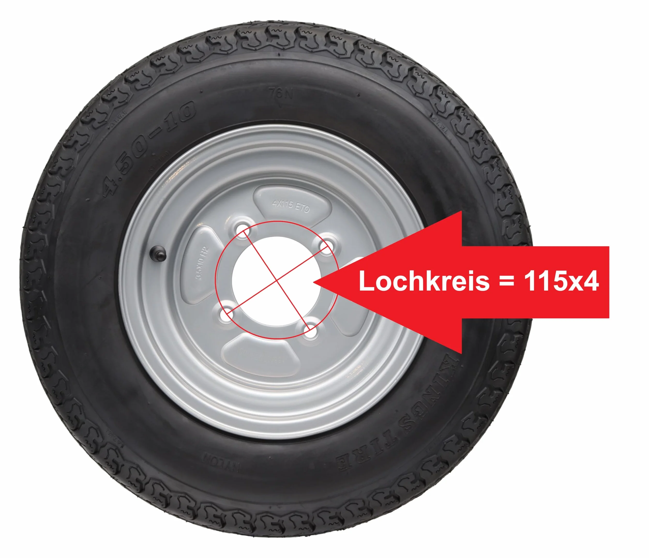 Ruota completa rimorchio 4.50 10 400 kg foro centrale 85 mm cerchio 4x115 pneumatico cerchio francese foro 3.50B x 10 H2 ET 0 (1)