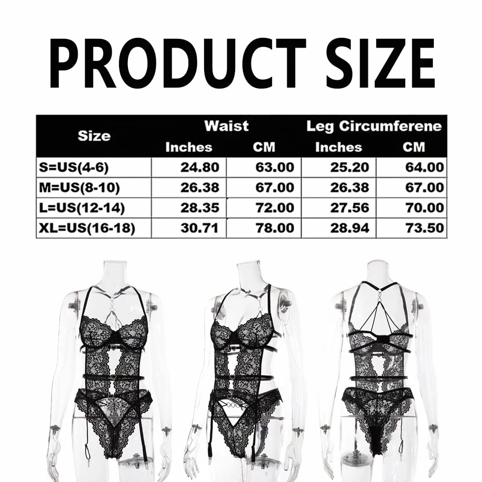 Body Lingerie Donna Sexy in Pizzo Trasparente Intimo Teddy Scollo a V Corsetto Nero XL