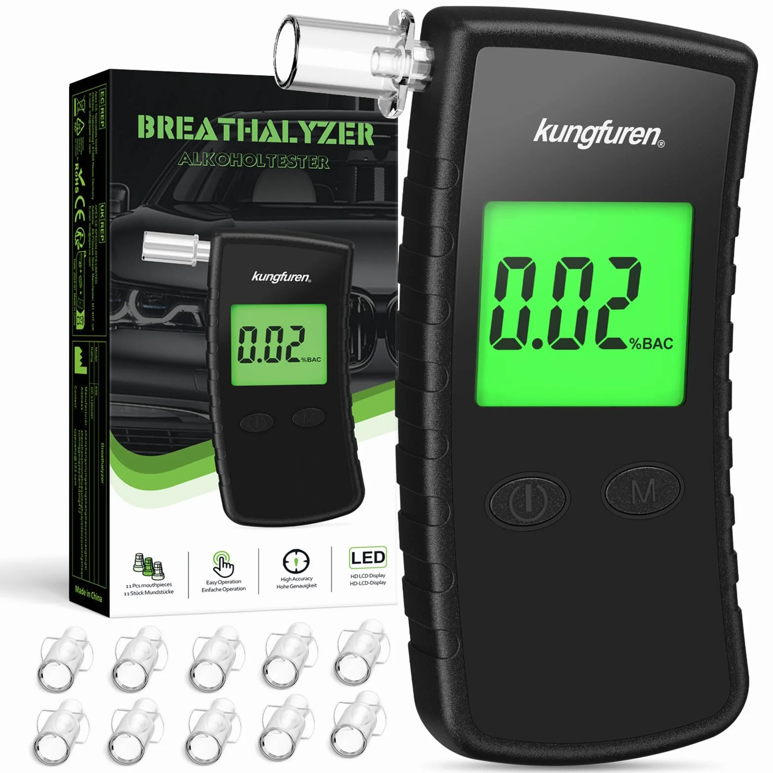 Alcol Test Etilometro Portatile Certificato Digitale Professionale con Display LCD Blu - Tester di Alcool Precisione Grado 11 Bocchini