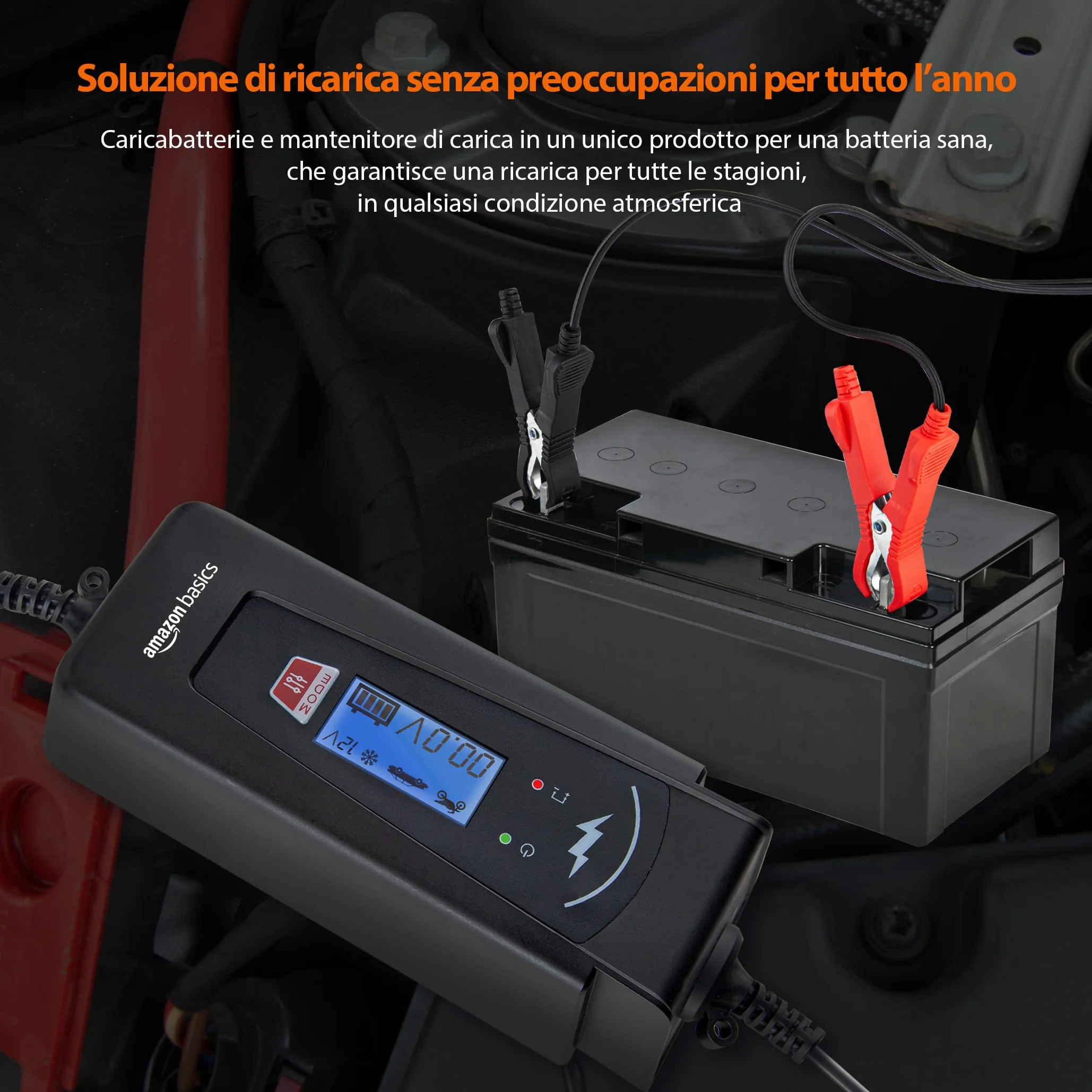 Amazon Basics Caricabatterie automatico intelligente 6V/12V 2A/4A tester batteria presa EU Nero
