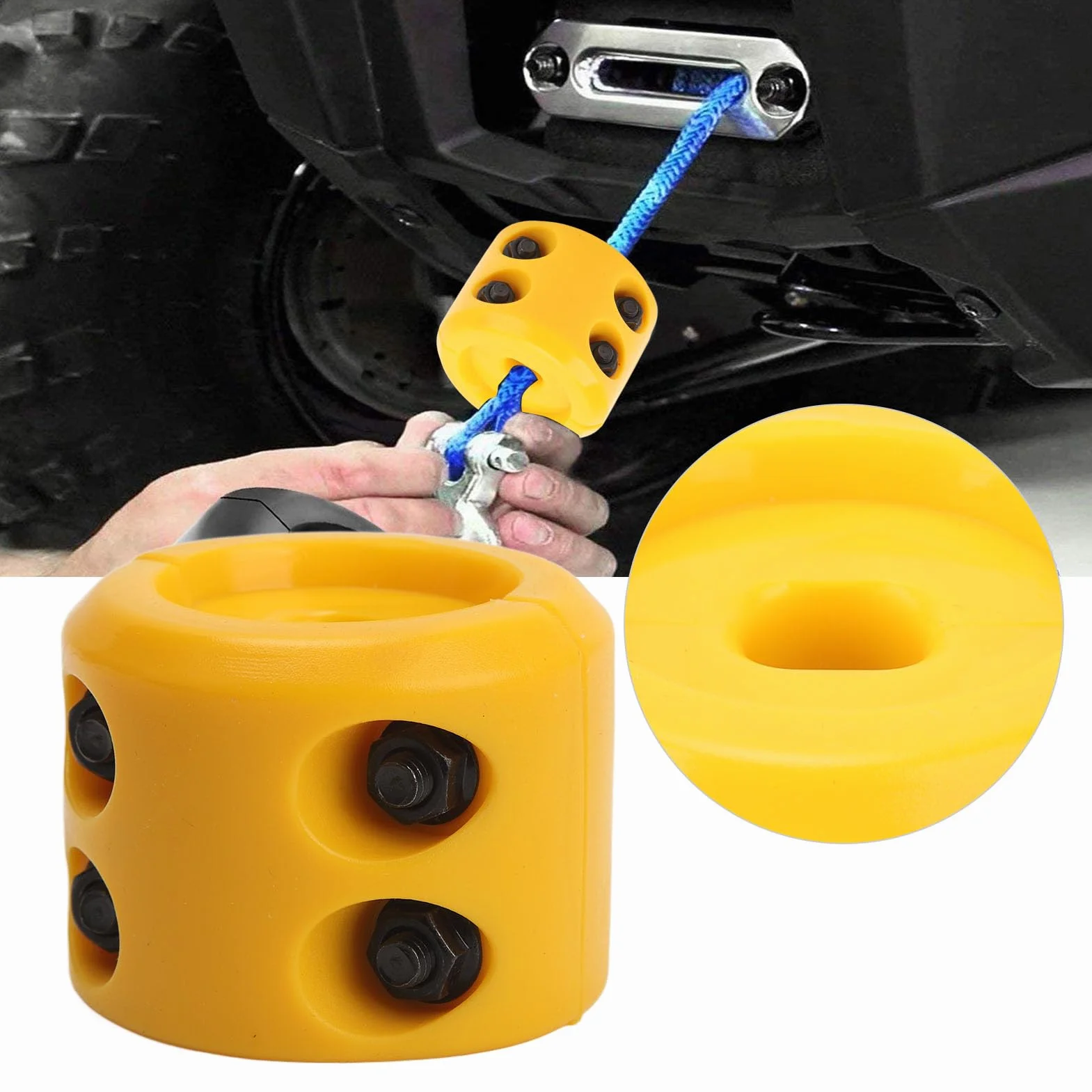 Fermacavo Giallo per Gancio per Cavo Verricello con Chiave Esagonale Paracolpi in Gomma per SUV ATV Camion