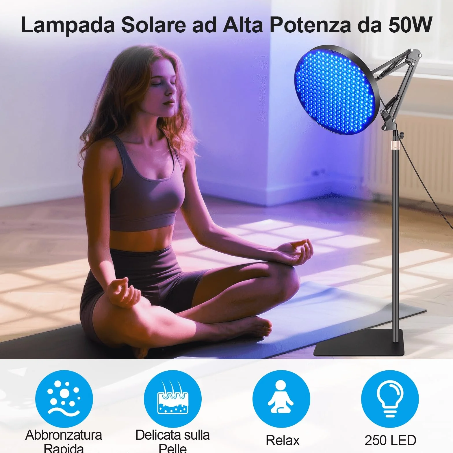 Lampada Abbronzante Viso Casa 50W Solarium 250 LED Con Supporto Regolabile Occhiali (Blu)