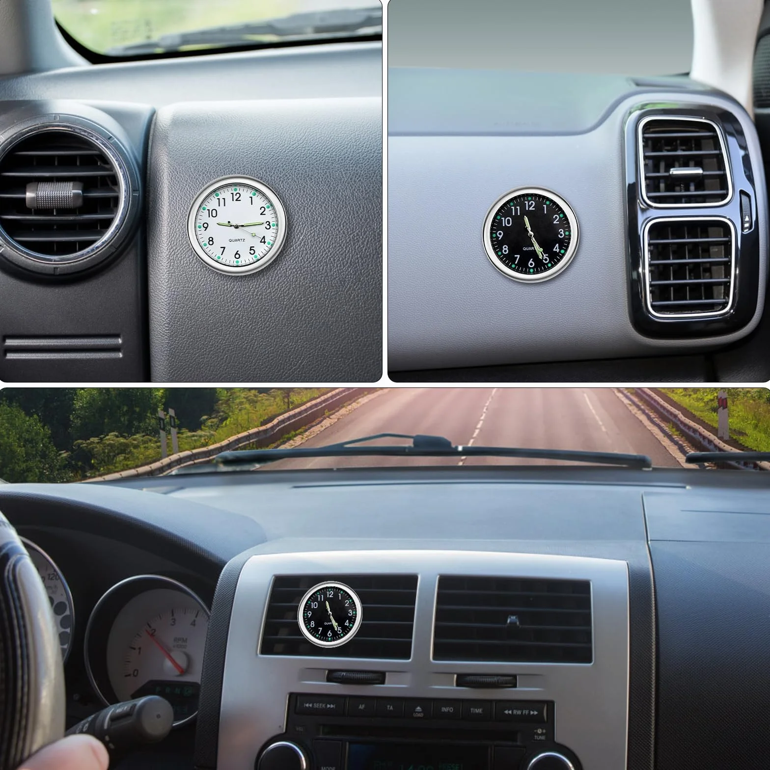 TNSLAND Mini Orologio per Auto Analogico al Quarzo Luminoso con Adesivo Biadesivo e Clip di Ventilazione