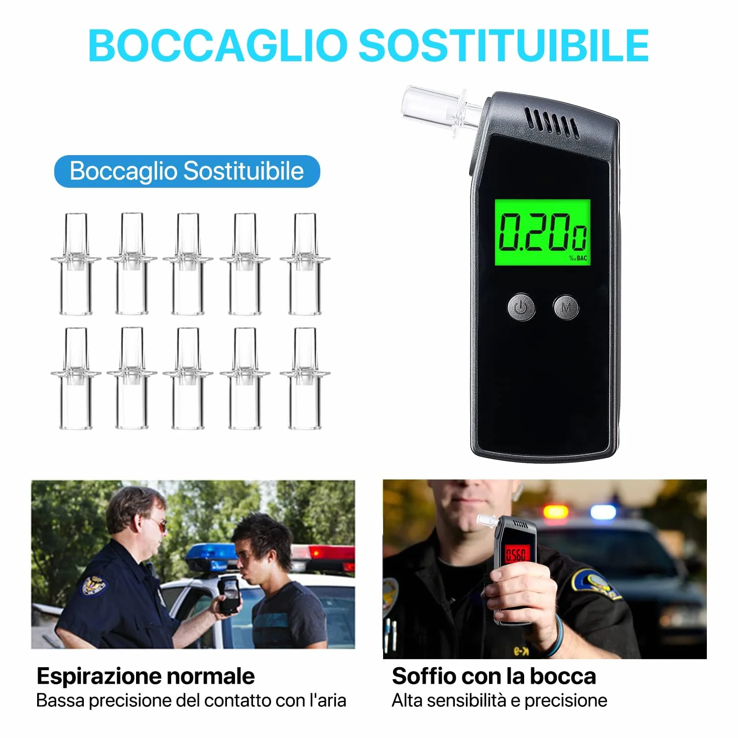 Etilometro Portatile Certificato YoSuDa USB Ricaricabile con 10 Bocchini