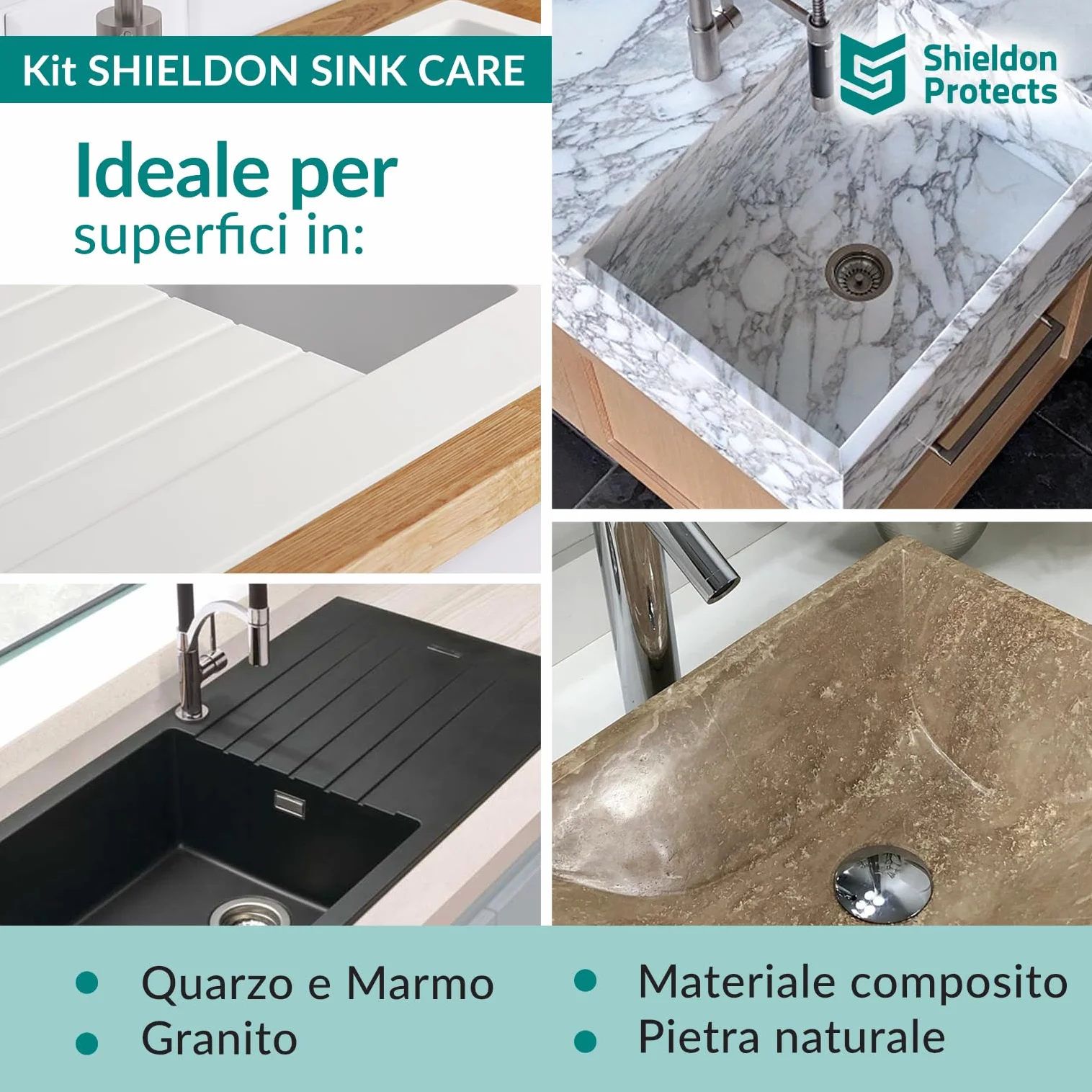 Shieldon Set di 2 Detergente e Impregnante per Lavello in Granito 250ml 200ml Protezione e Cura Nero